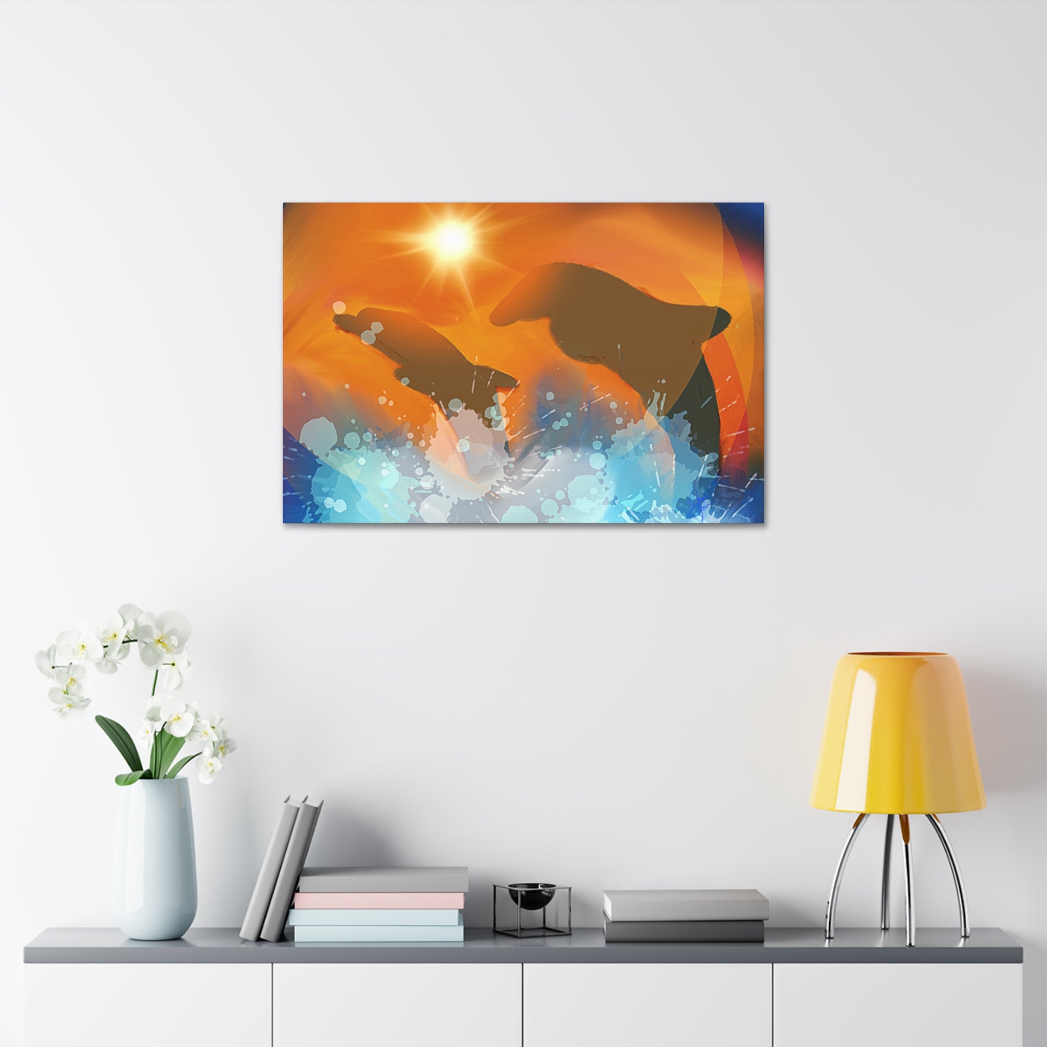 Sunset Dolphin Canvas Wall Art — Vibrant Ocean Sunset Stretch Canvas