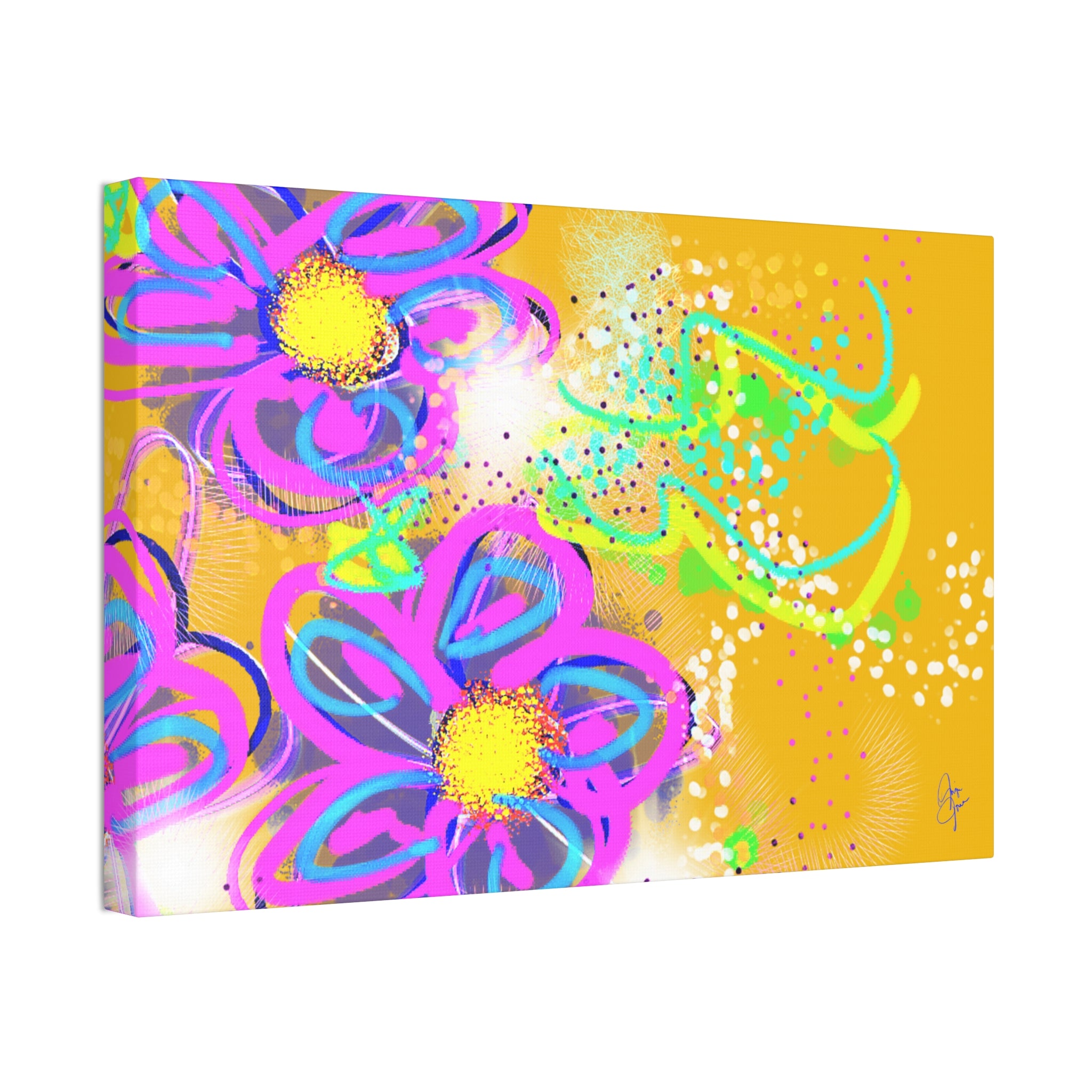 Vibrant Neon Floral Canvas Print — Pink & Green Stretched Wall Art