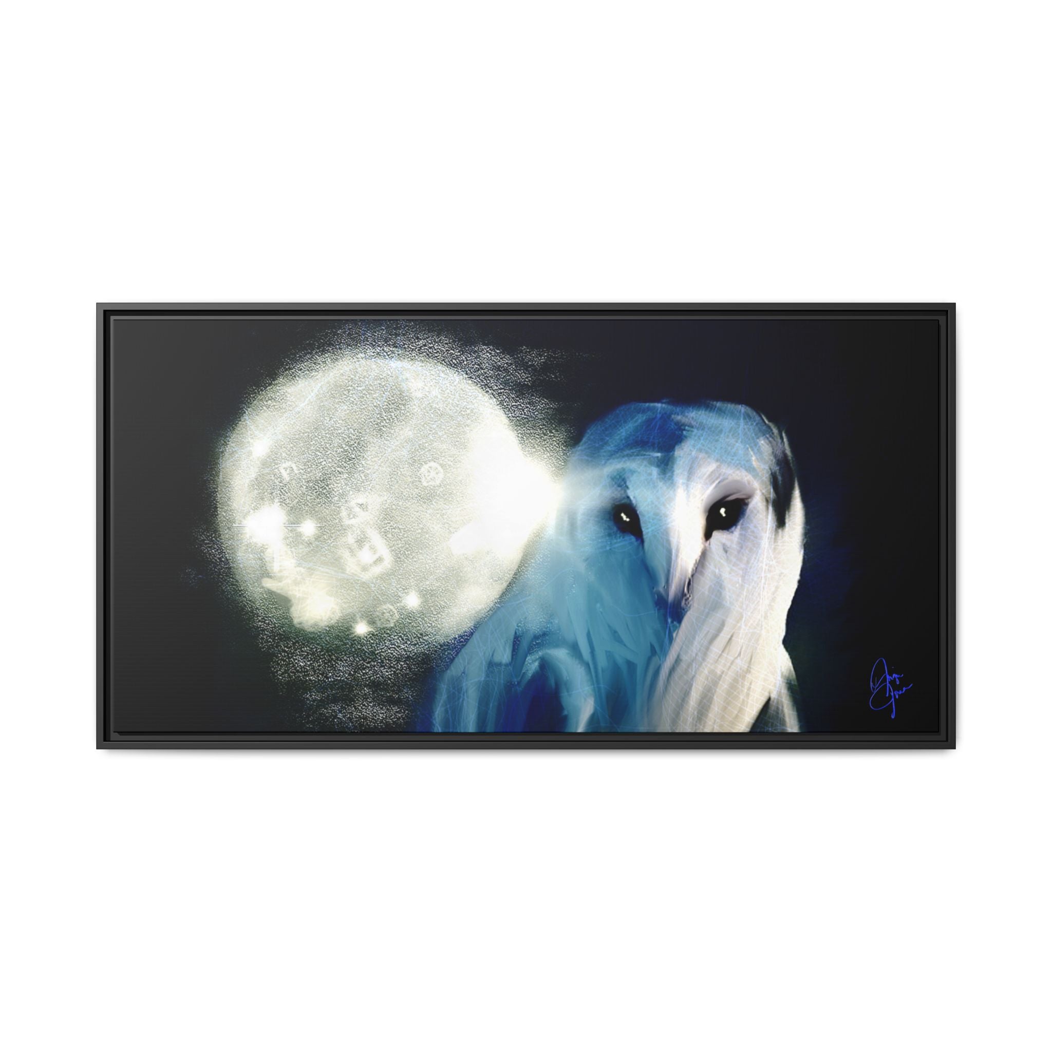 Moonlight Owl Matte Framed Canvas — Mystical Blue Owl Wall Art