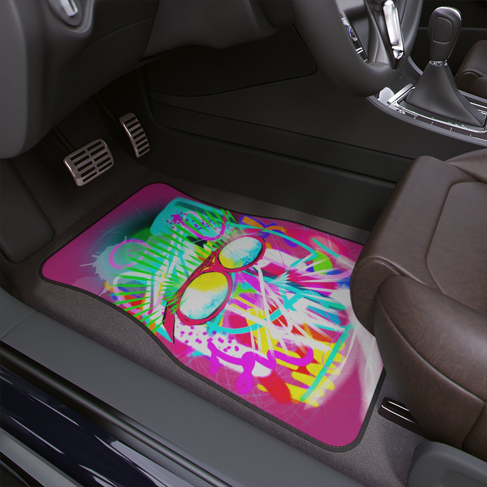 Neon Graffiti Skull Car Floor Mat — Colorful Punk Auto Accessory