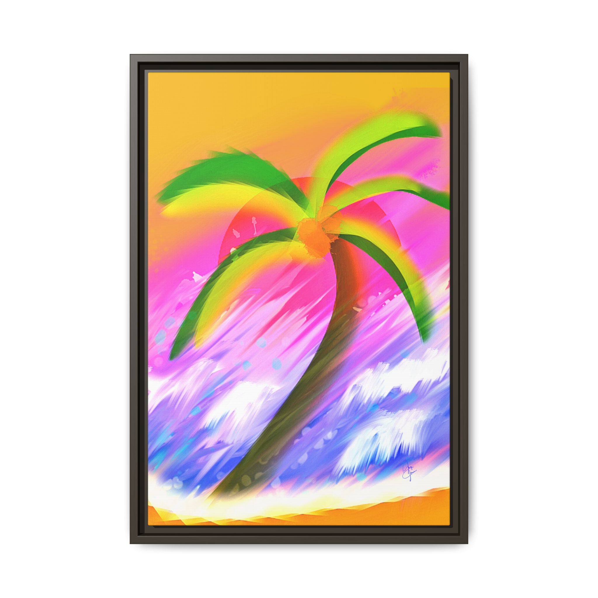 Framed Matte Canvas Print — Neon Palm Beach Art
