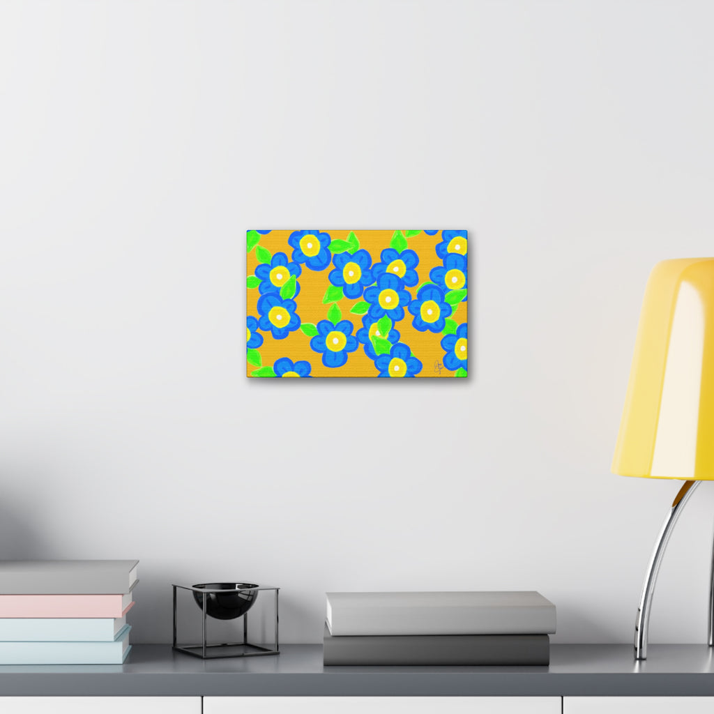 Blue Floral Canvas Wall Art — Bright Hand-Drawn Flowers on Mustard Background