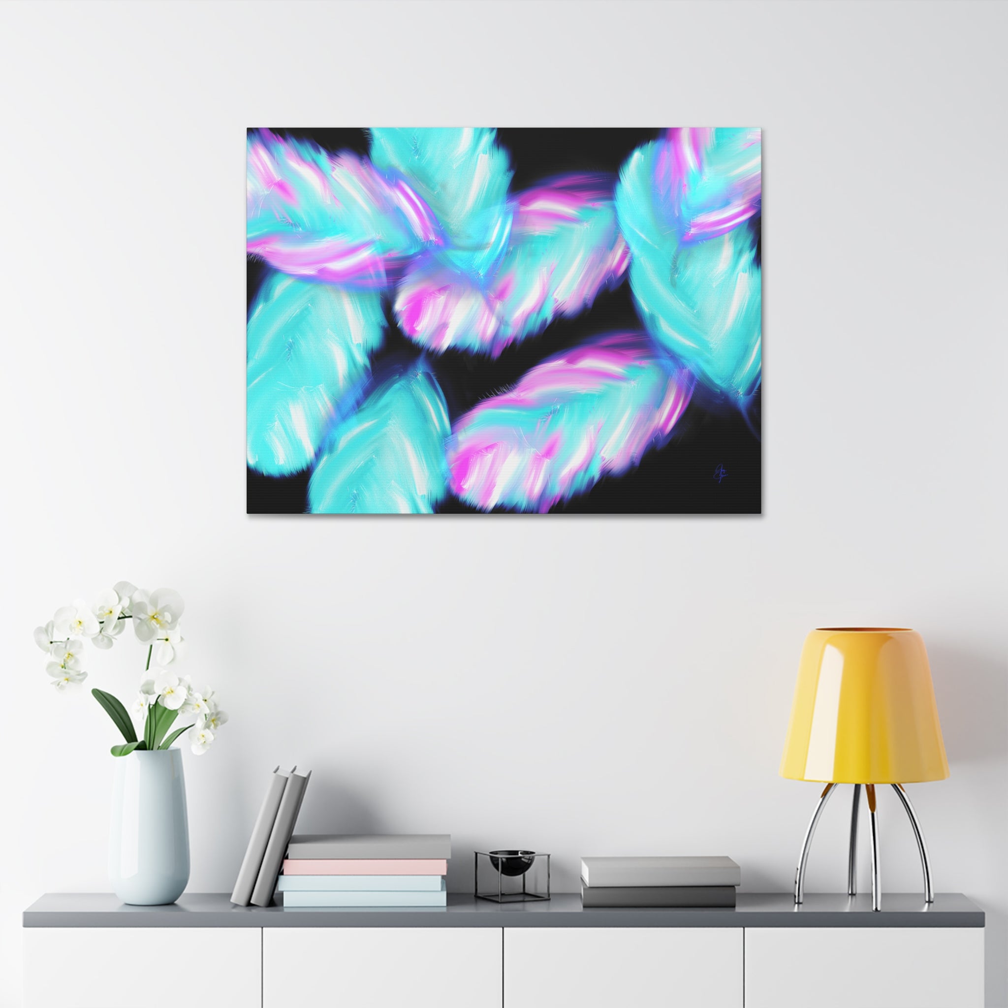 Abstract Neon Feathers Canvas Print — Turquoise & Pink Stretched Wall Art