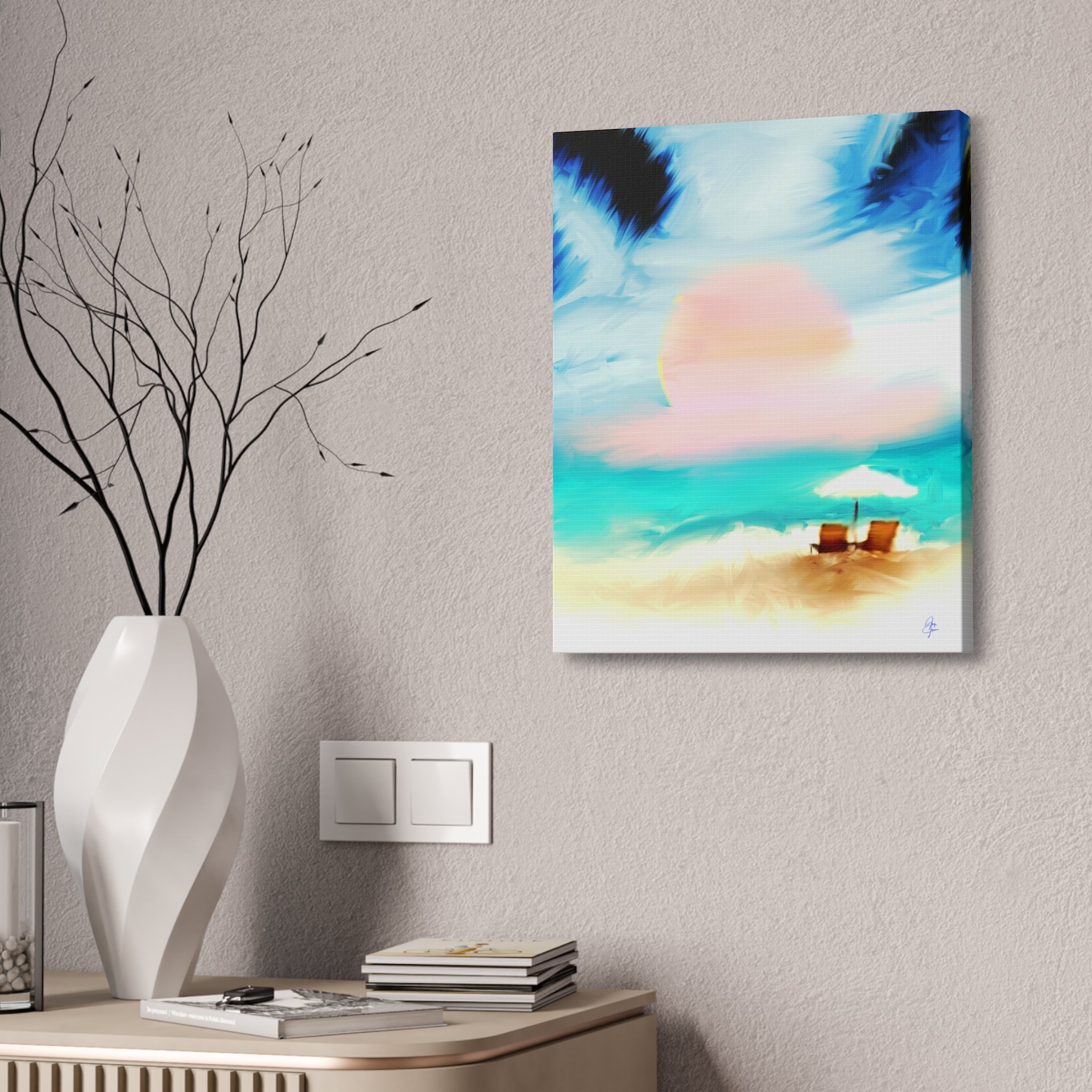 Beach Sunset Canvas Wall Art — Tropical Chairs & Umbrella Stretched Canvas