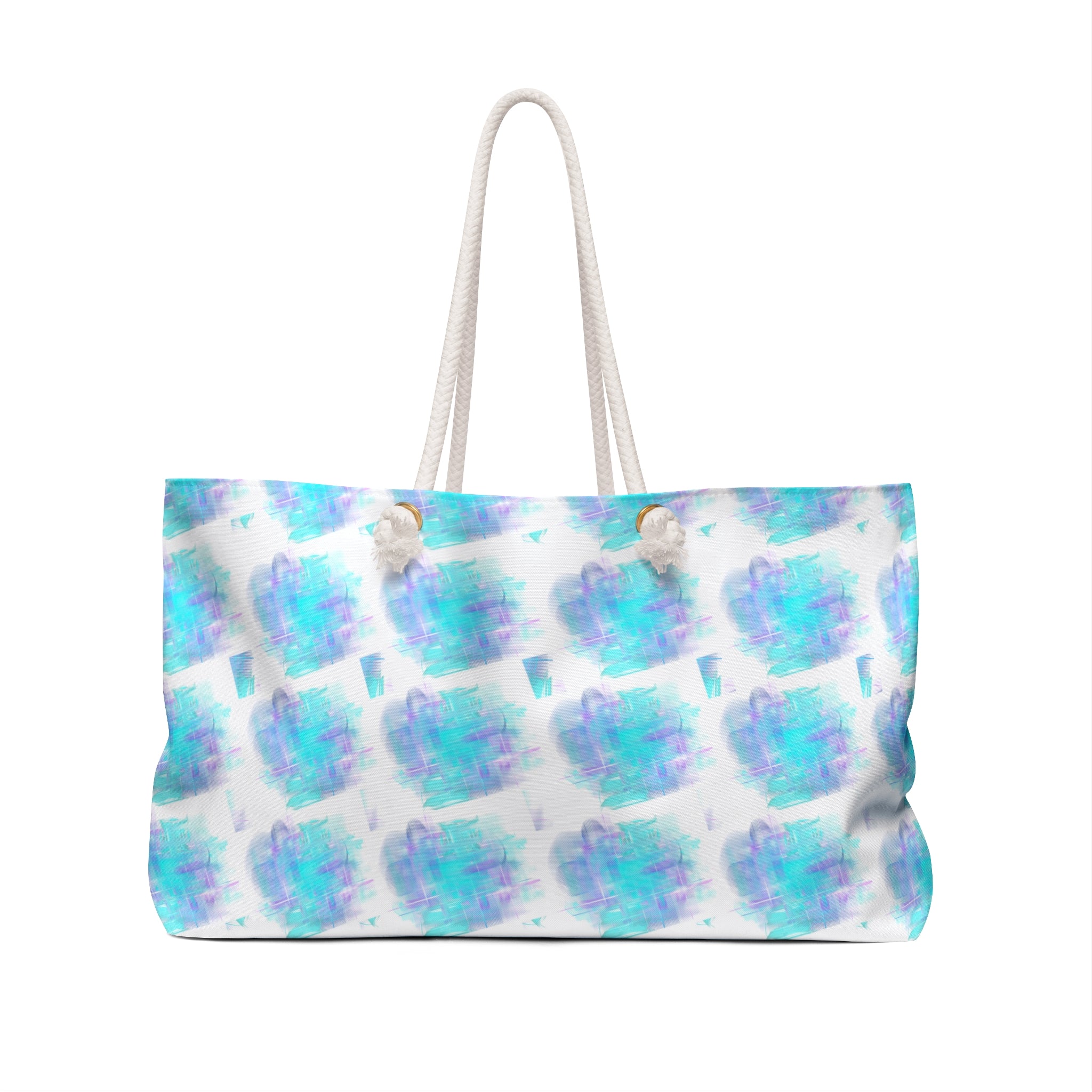 Aqua Watercolor Weekender Bag — Beach Tote with Blue & Teal Brushstroke Pattern
