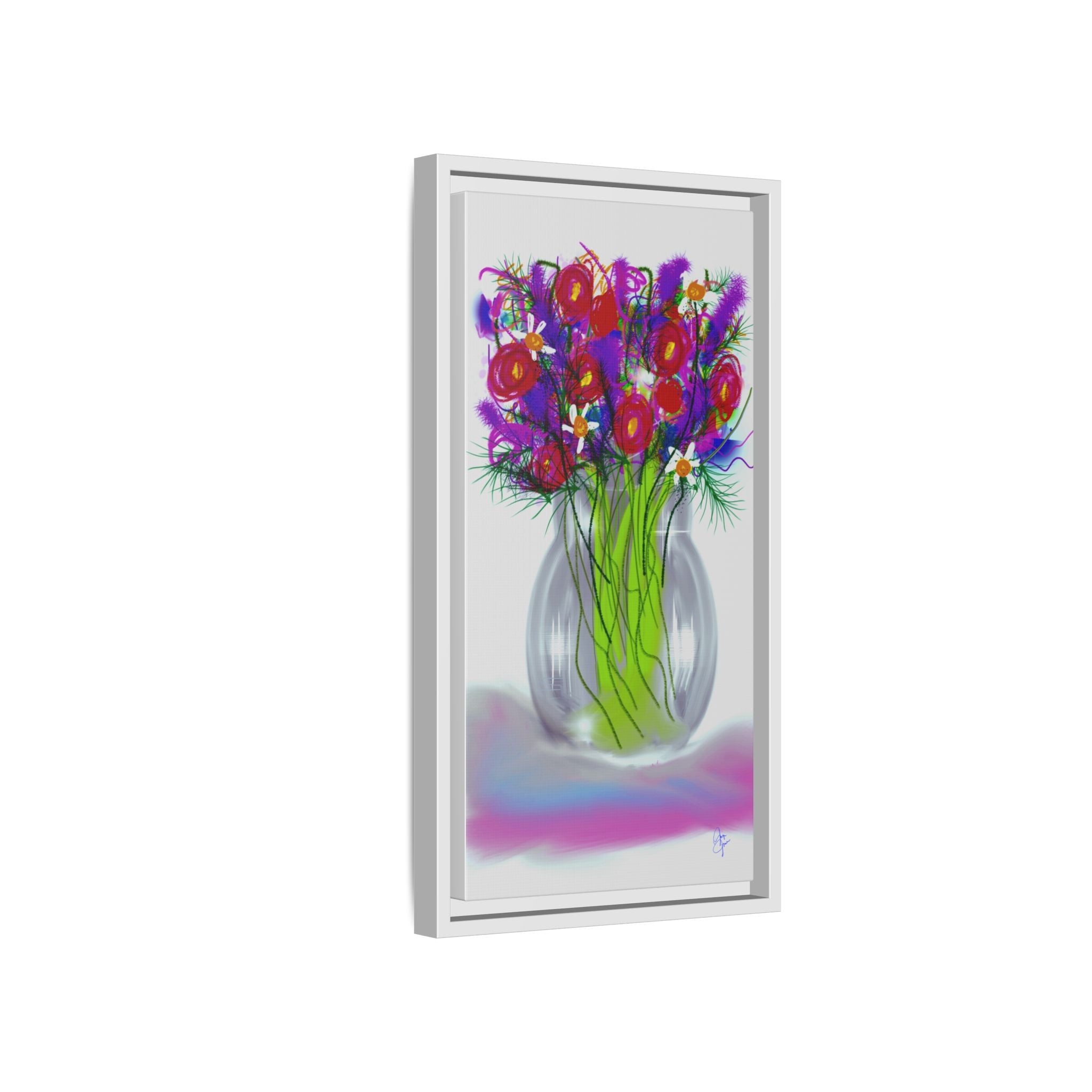 Framed Floral Bouquet Matte Canvas Wall Art — Colorful Abstract Flowers in Vase