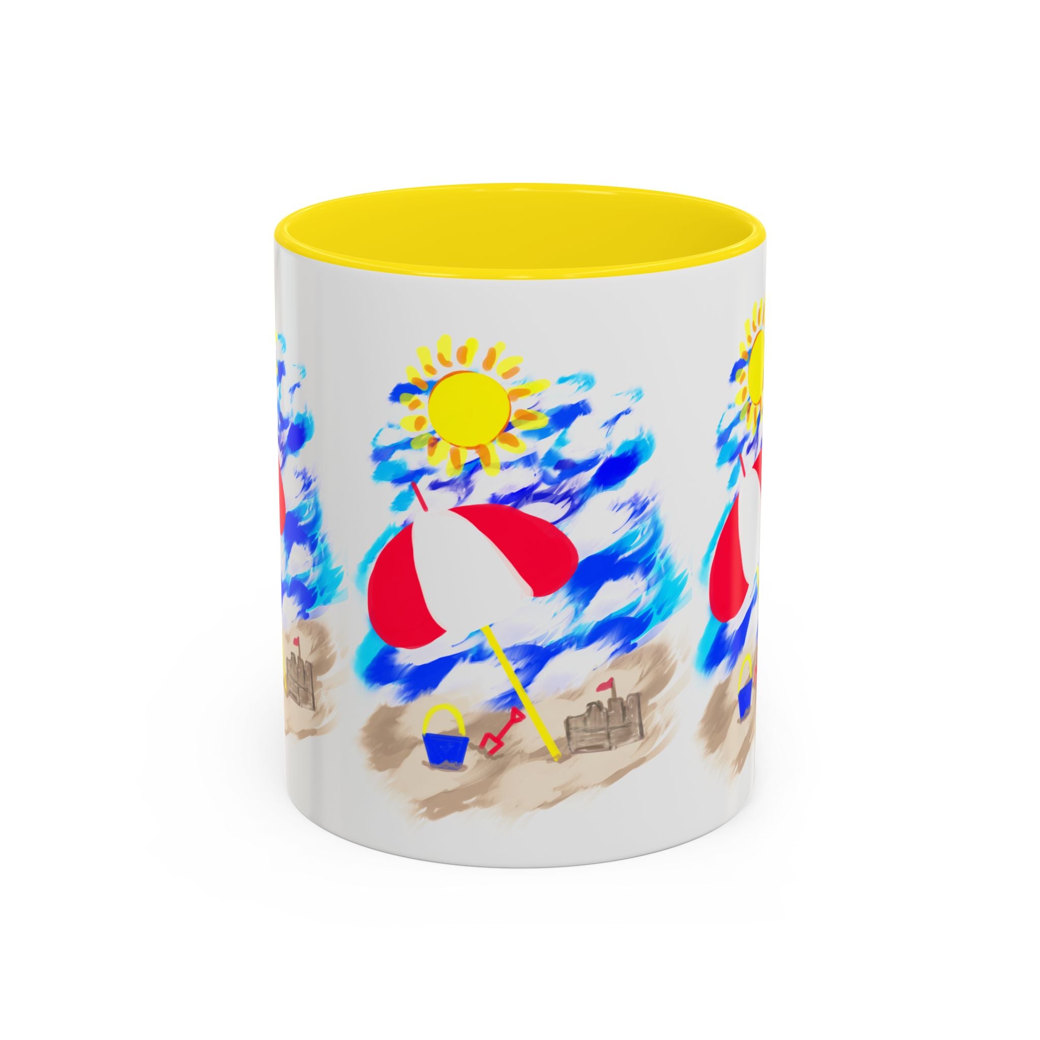Beach Scene Coffee Mug – Summer Umbrella, Sun & Sandcastle Accent Mug