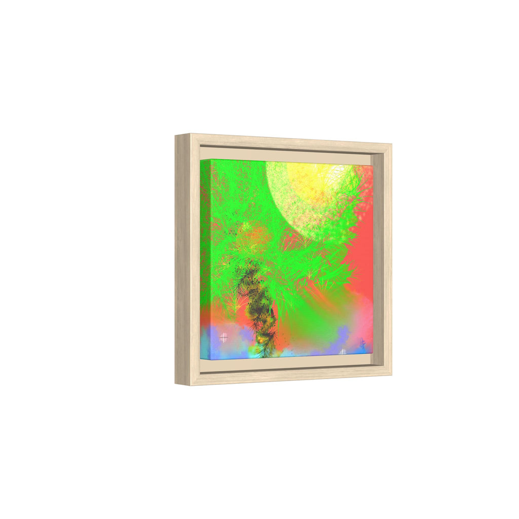 Abstract Neon Tree Matte Canvas Framed Art — Vibrant Green Moon Landscape