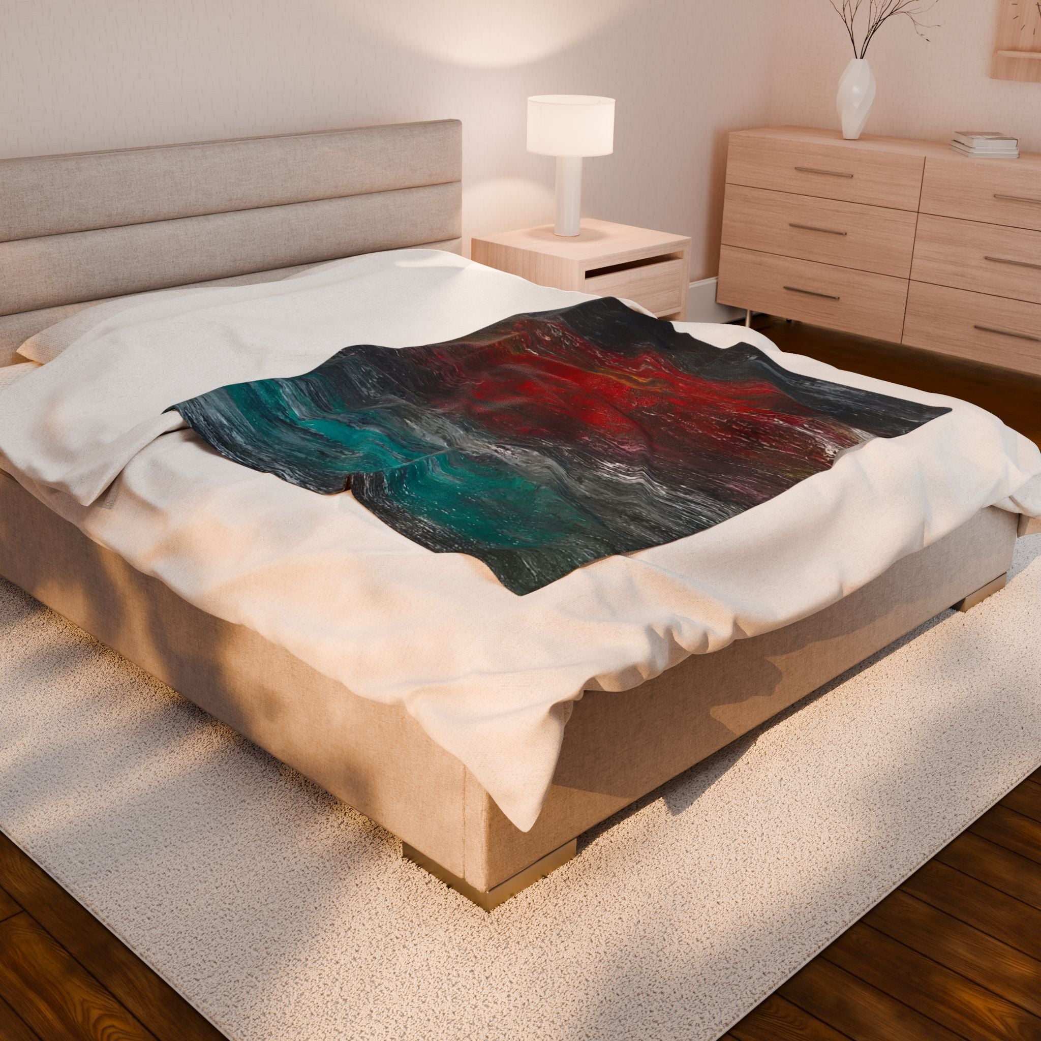 Velveteen Plush Blanket - Abstract Red Sun Coastal Art Throw