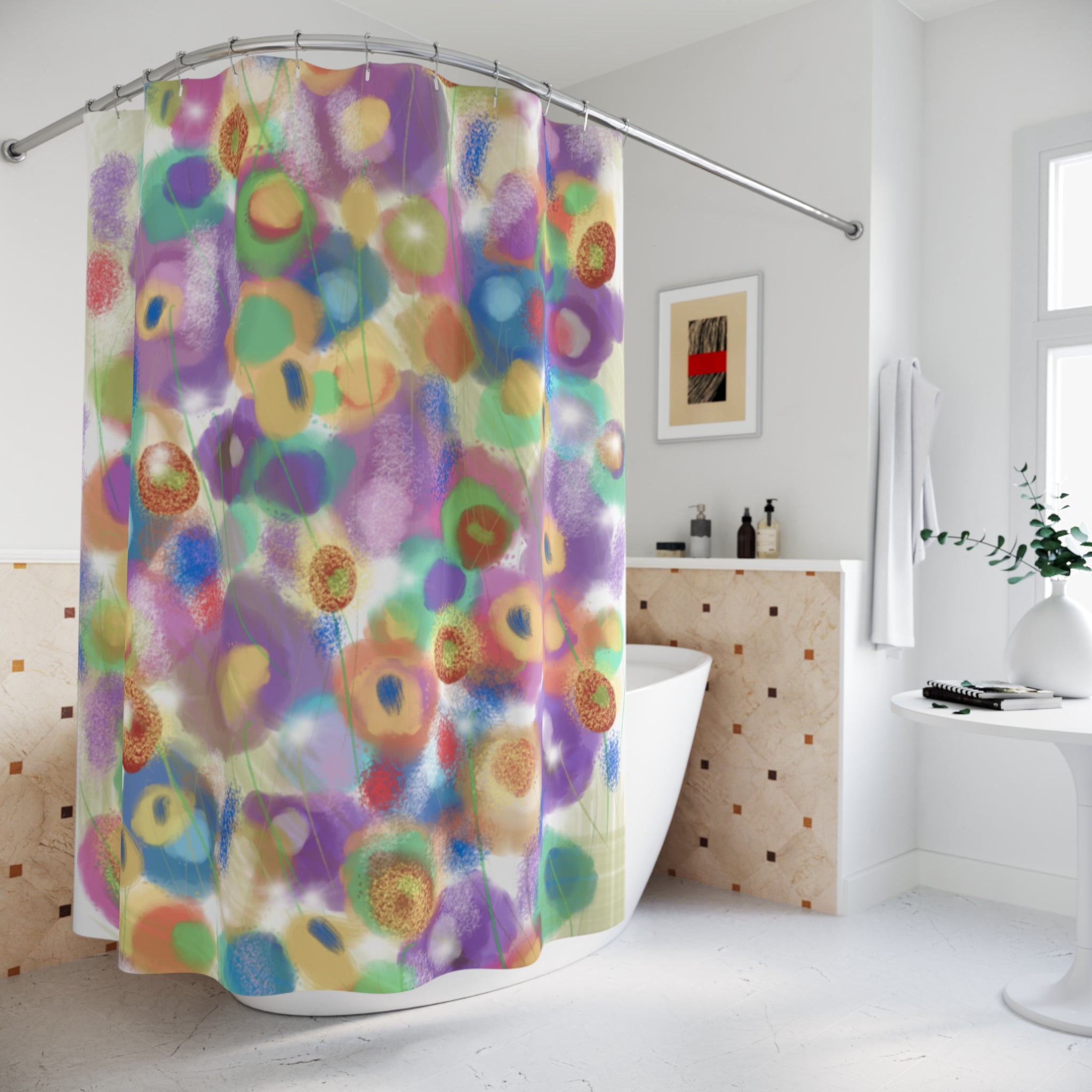 Colorful Abstract Floral Shower Curtain — Watercolor Circle Pattern Bathroom Decor