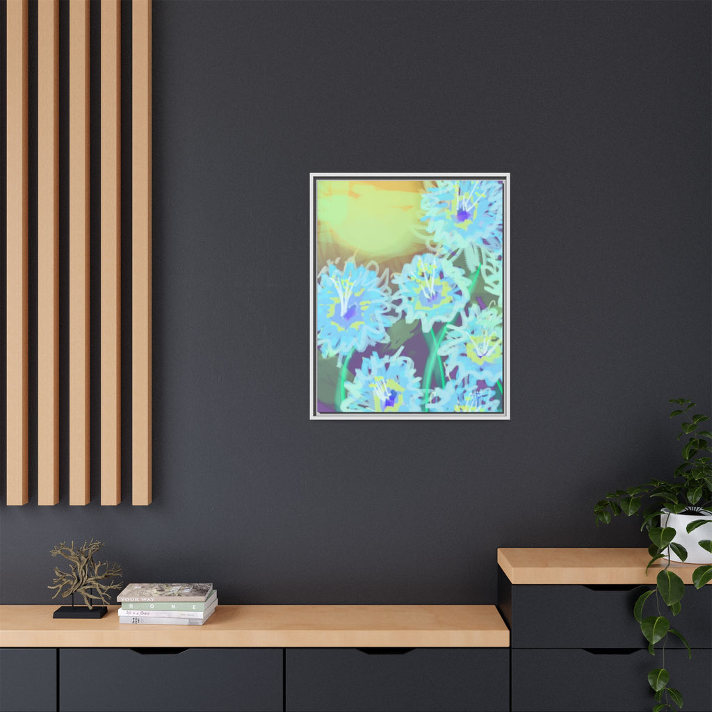 Framed Floral Canvas Art — Blue & Yellow Abstract Bouquet (Matte)