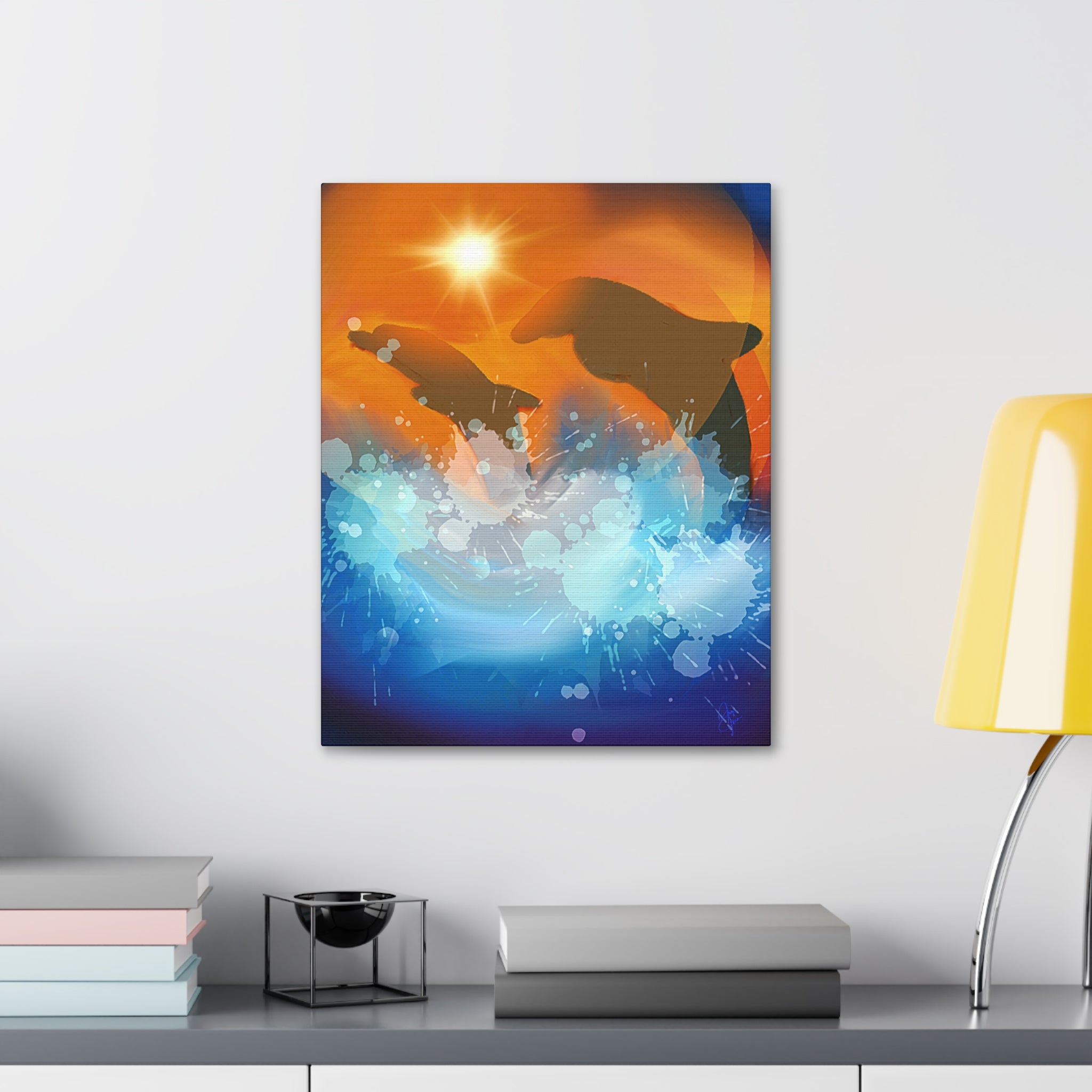 Sunset Dolphin Canvas Wall Art — Vibrant Ocean Sunset Stretch Canvas