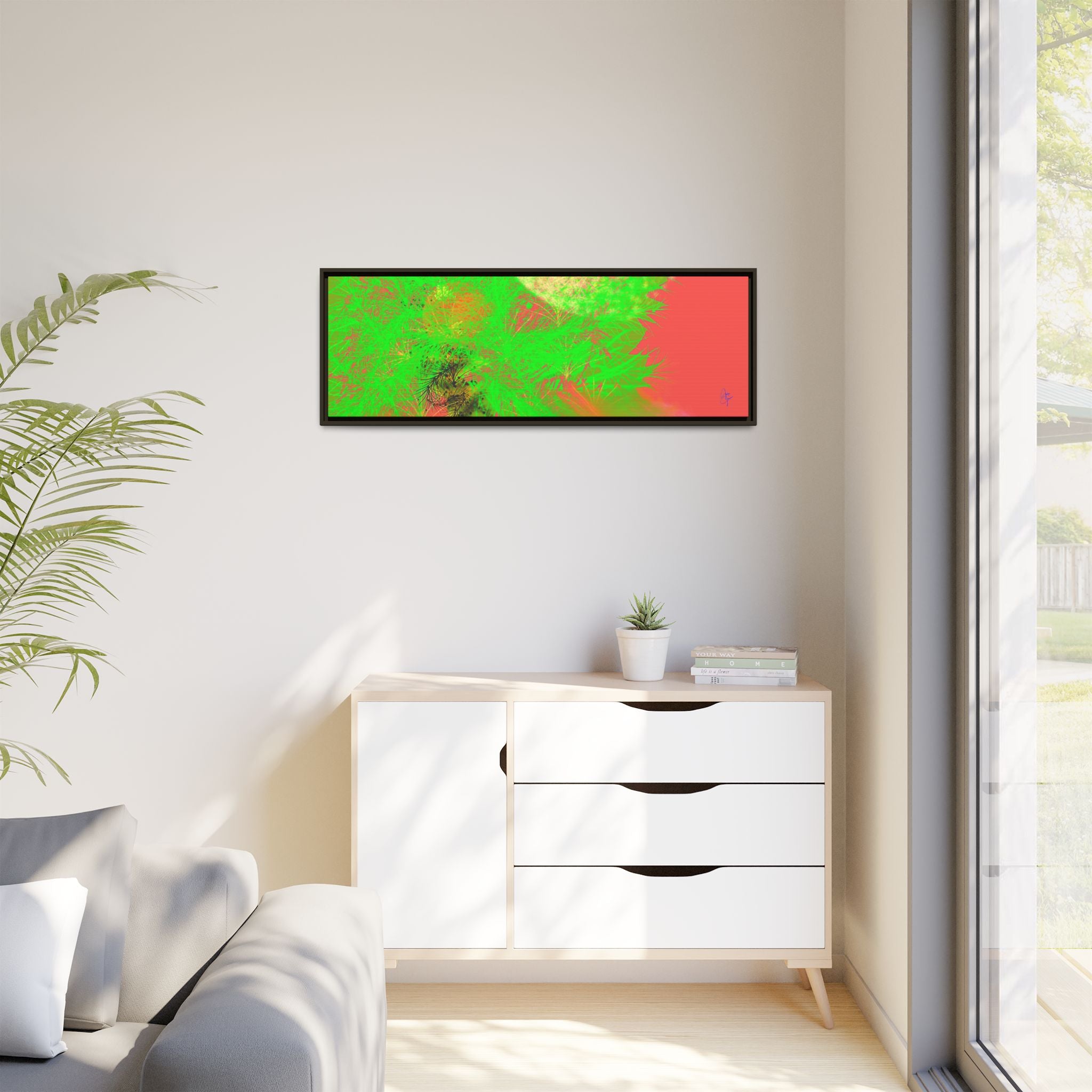 Abstract Neon Tree Matte Canvas Framed Art — Vibrant Green Moon Landscape