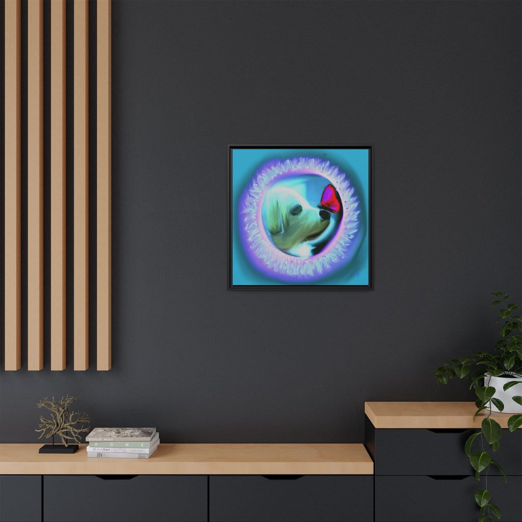 Framed Matte Canvas - Puppy with Butterfly Pop Art