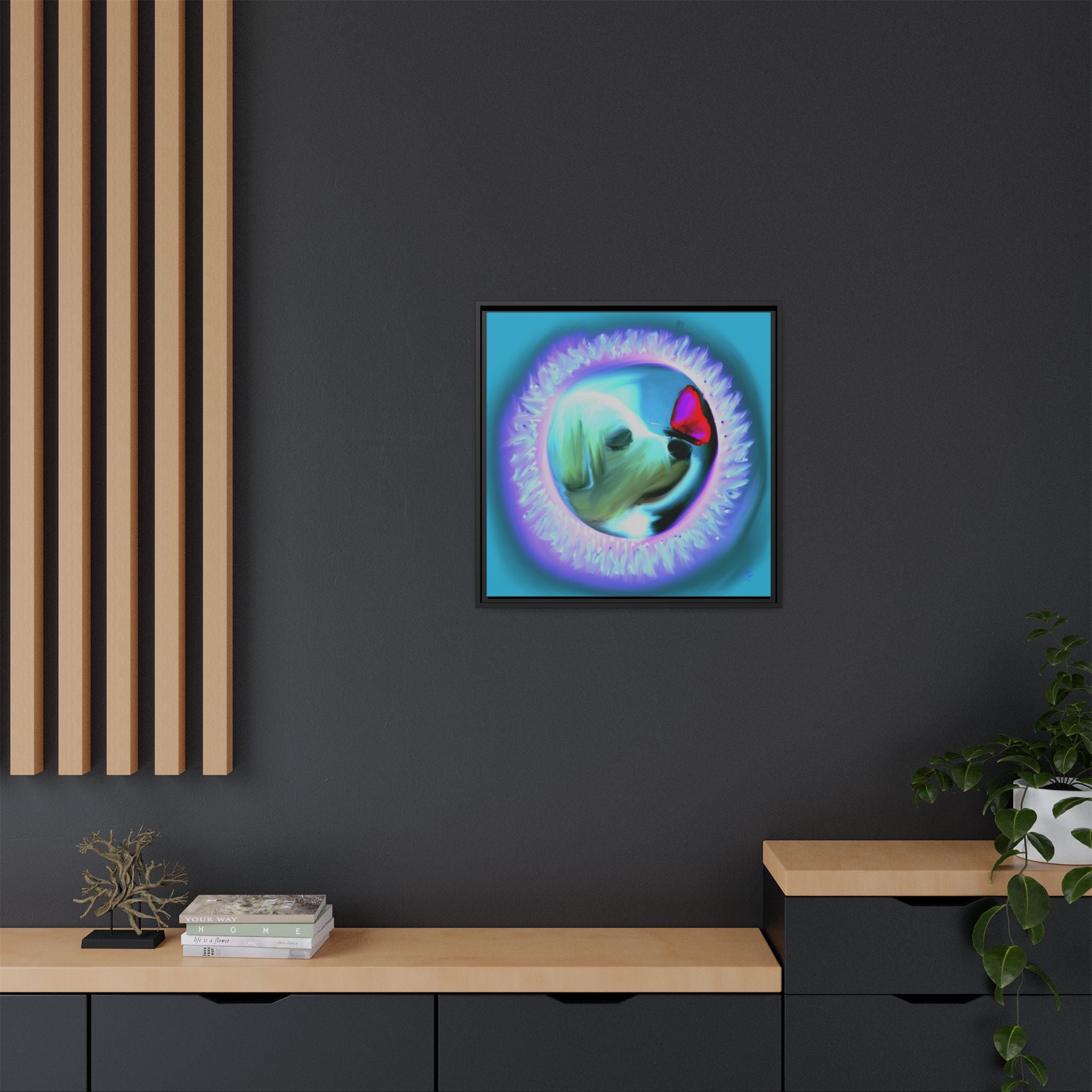 Framed Matte Canvas - Puppy with Butterfly Pop Art