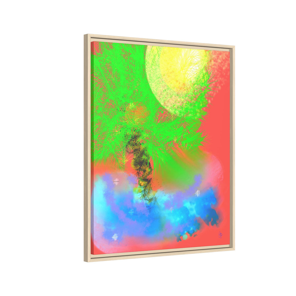 Abstract Neon Tree Matte Canvas Framed Art — Vibrant Green Moon Landscape