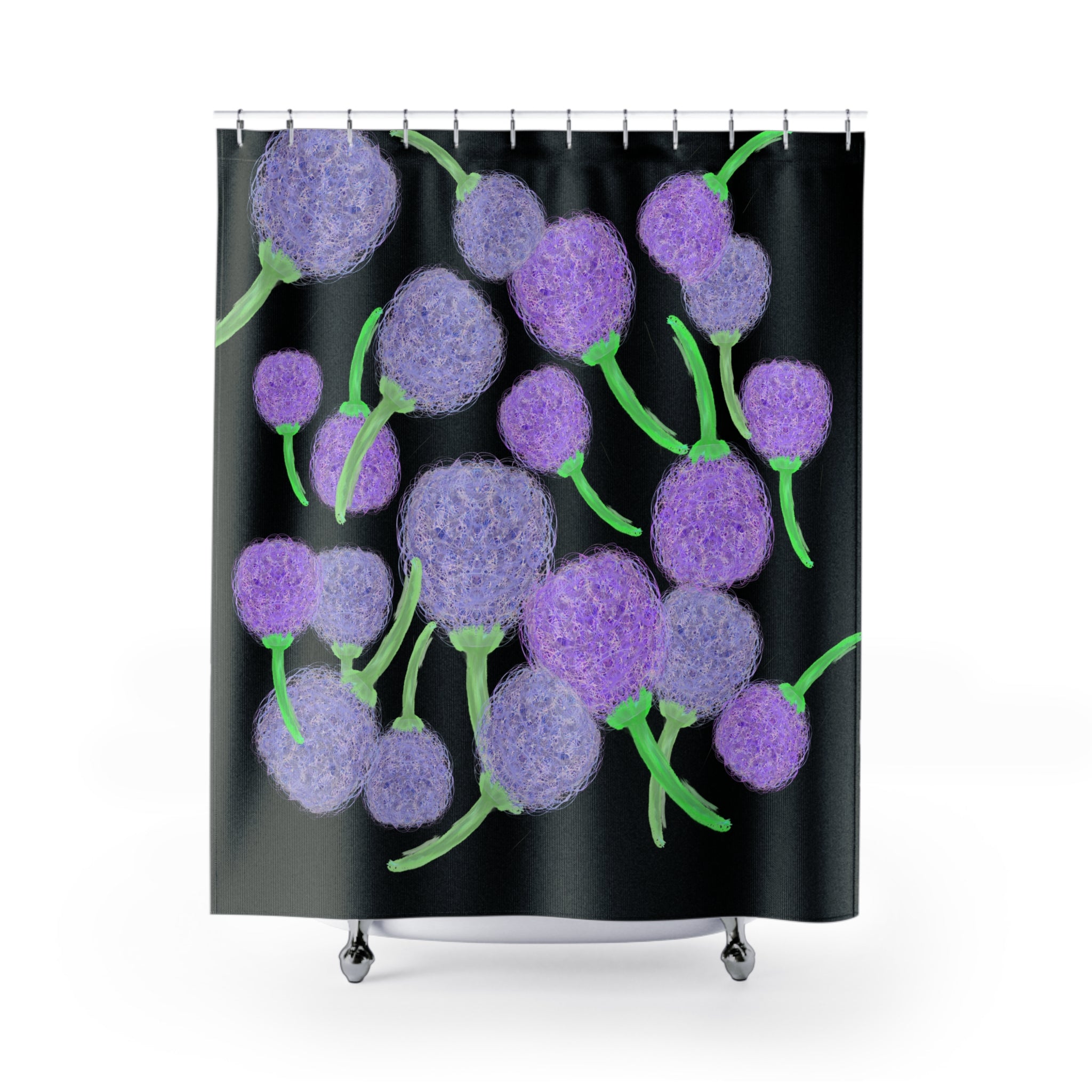 Purple Pom-Pom Floral Shower Curtain — Modern Botanical Bathroom Decor