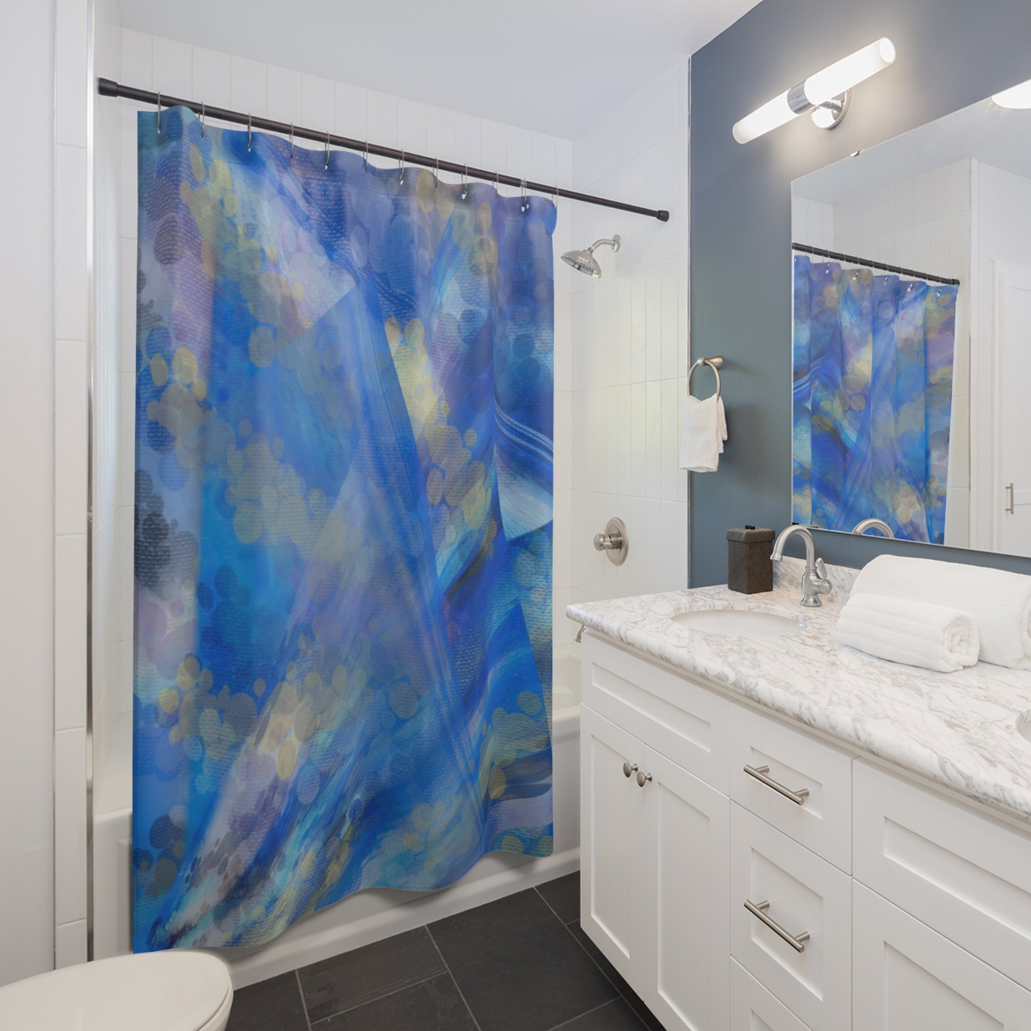Blue Bokeh Abstract Shower Curtain – Calming Ocean-Inspired Bathroom Decor