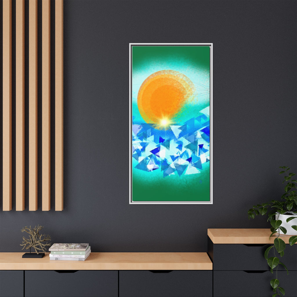 Abstract Sunrise Framed Canvas Art – Orange Sun Over Blue Geometric Waves