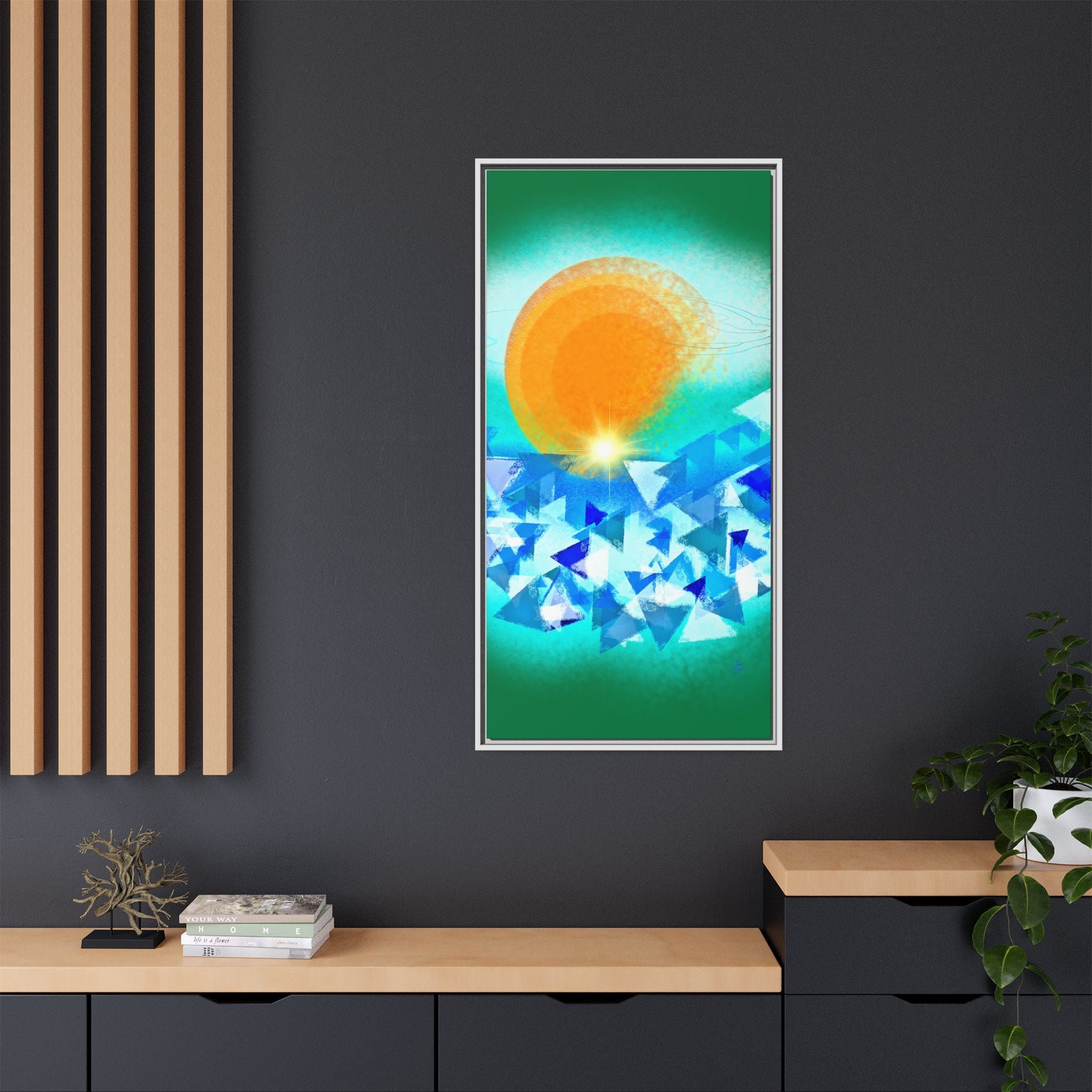 Abstract Sunrise Framed Canvas Art – Orange Sun Over Blue Geometric Waves