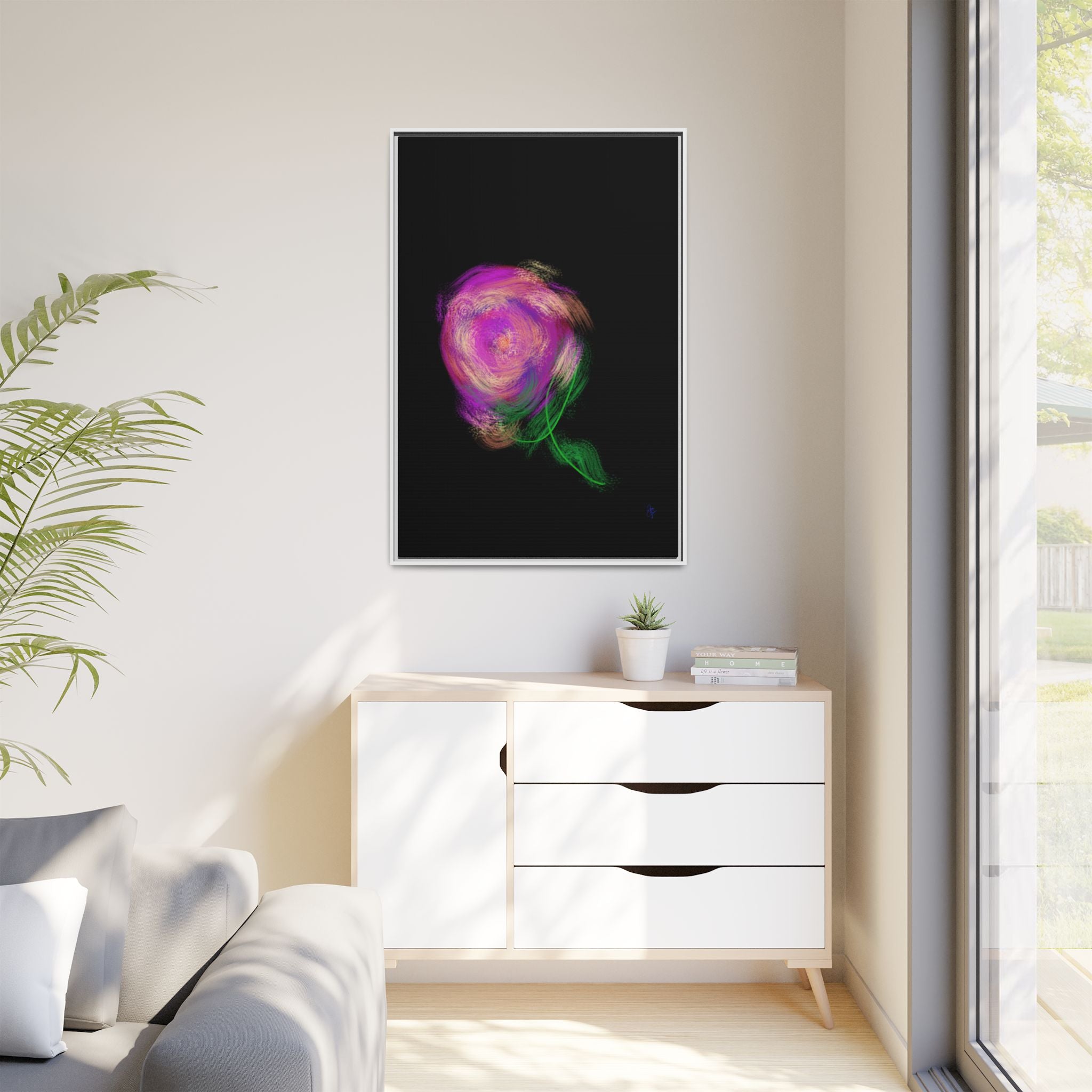 Abstract Rose Swirl Matte Framed Canvas — Multicolor Floral Wall Art