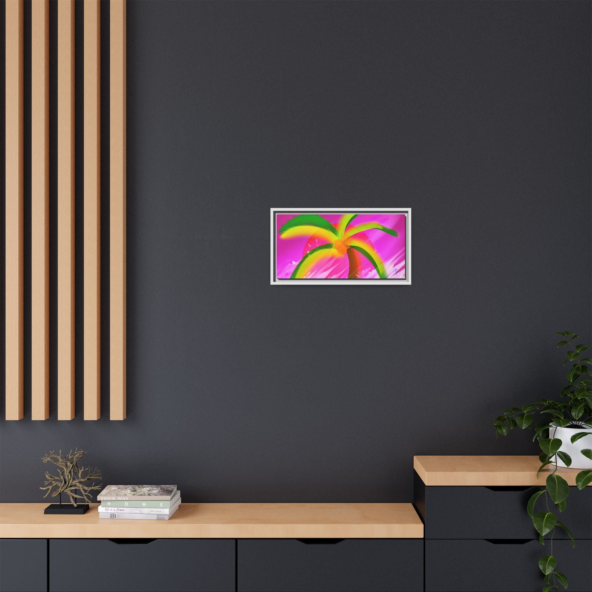 Framed Matte Canvas Print — Neon Palm Beach Art
