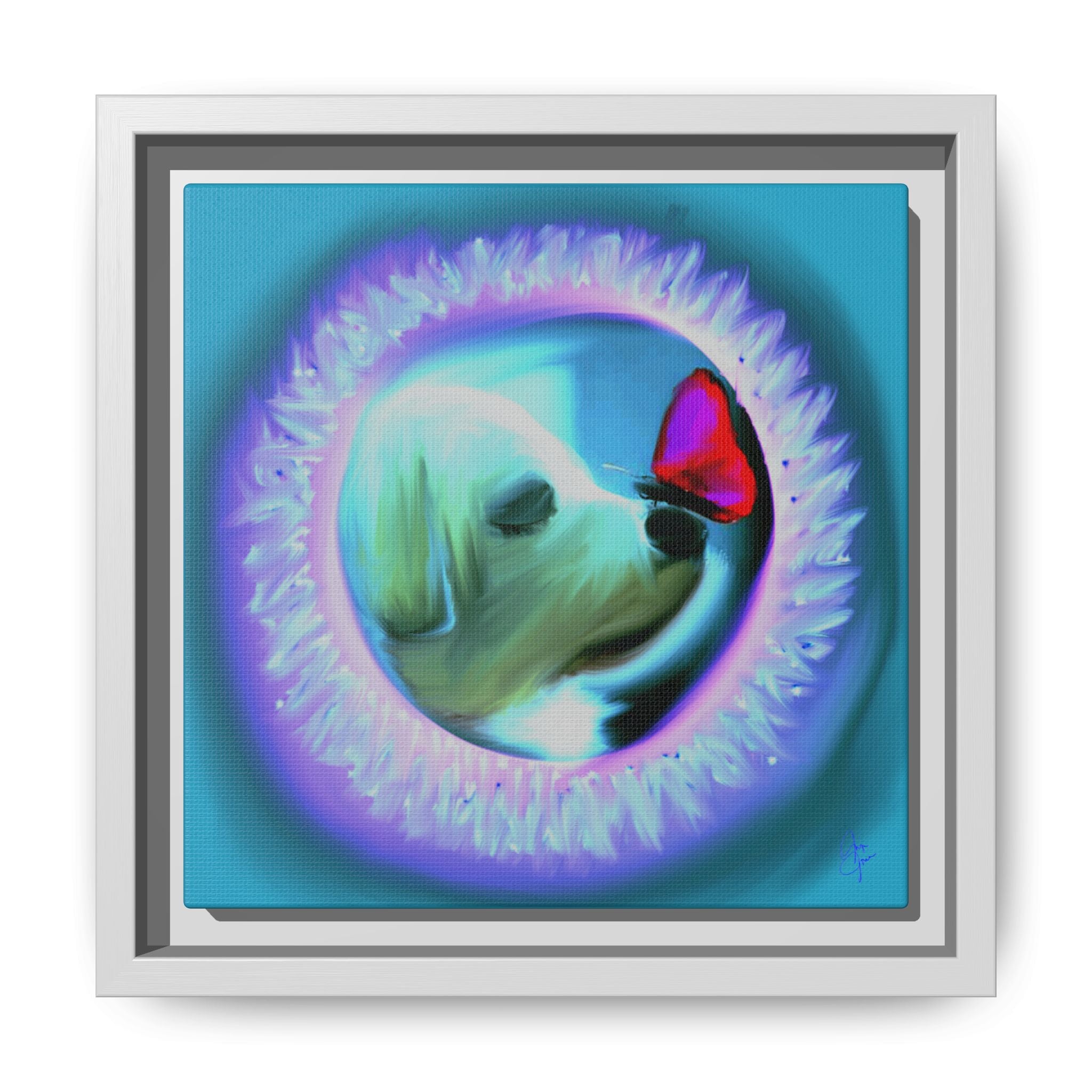 Framed Matte Canvas - Puppy with Butterfly Pop Art