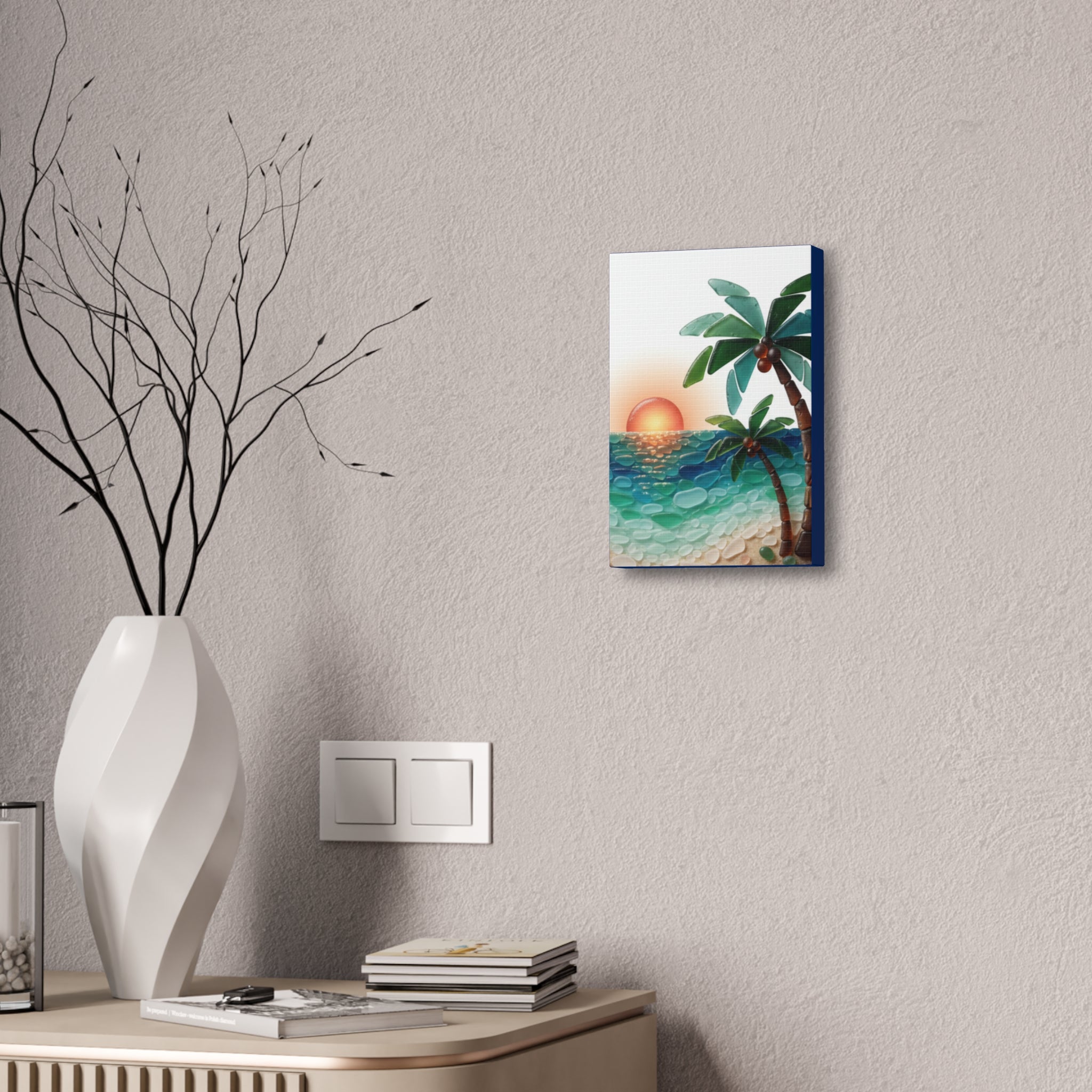 Tropical Sunset Canvas Wall Art — Palm Tree Beach Seascape Stretched Canvas