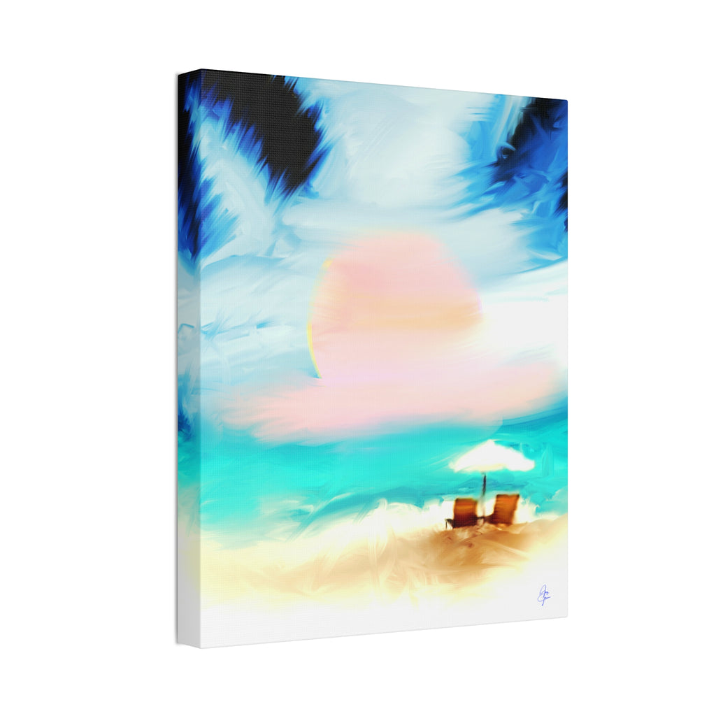 Beach Sunset Canvas Wall Art — Tropical Chairs & Umbrella Stretched Canvas