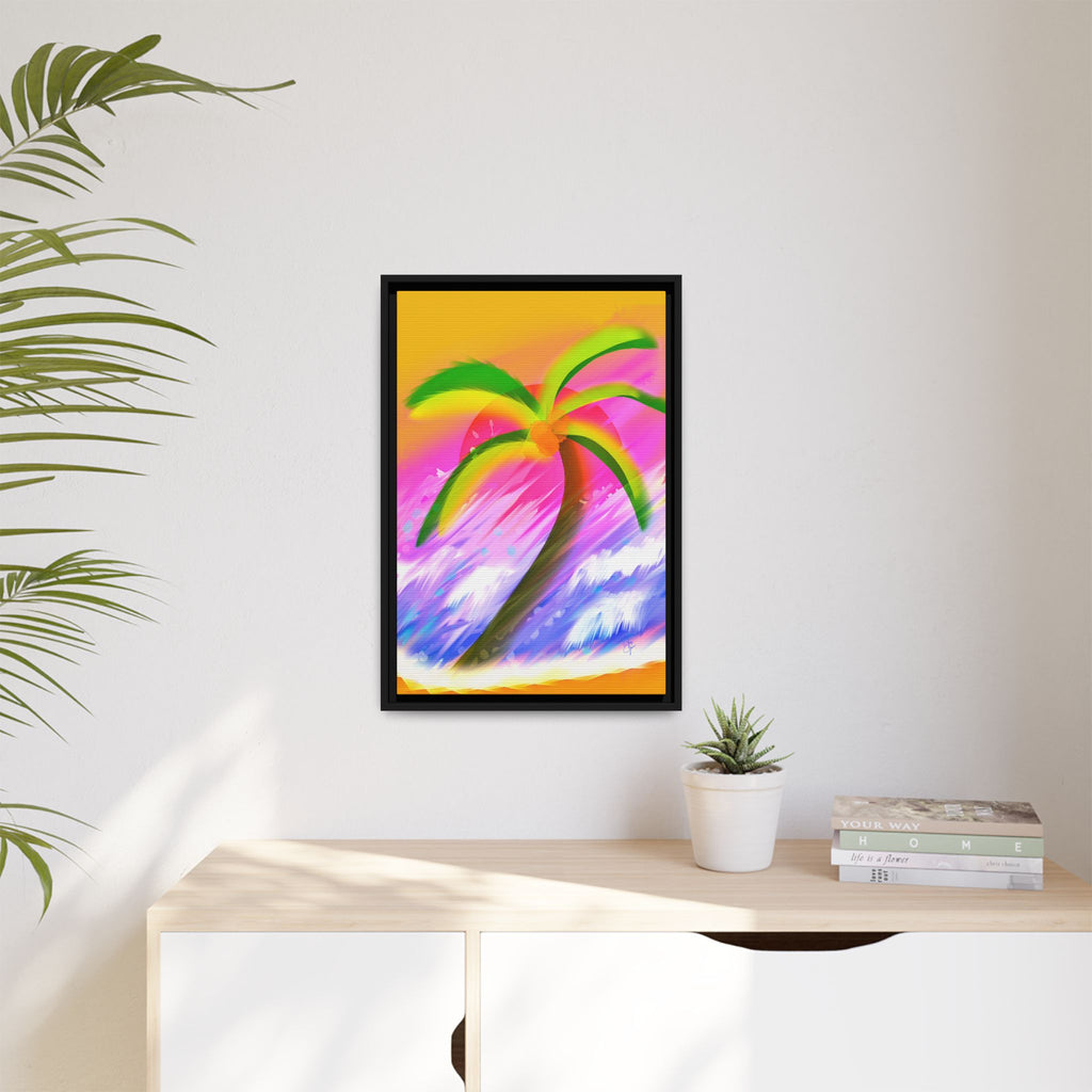 Framed Matte Canvas Print — Neon Palm Beach Art
