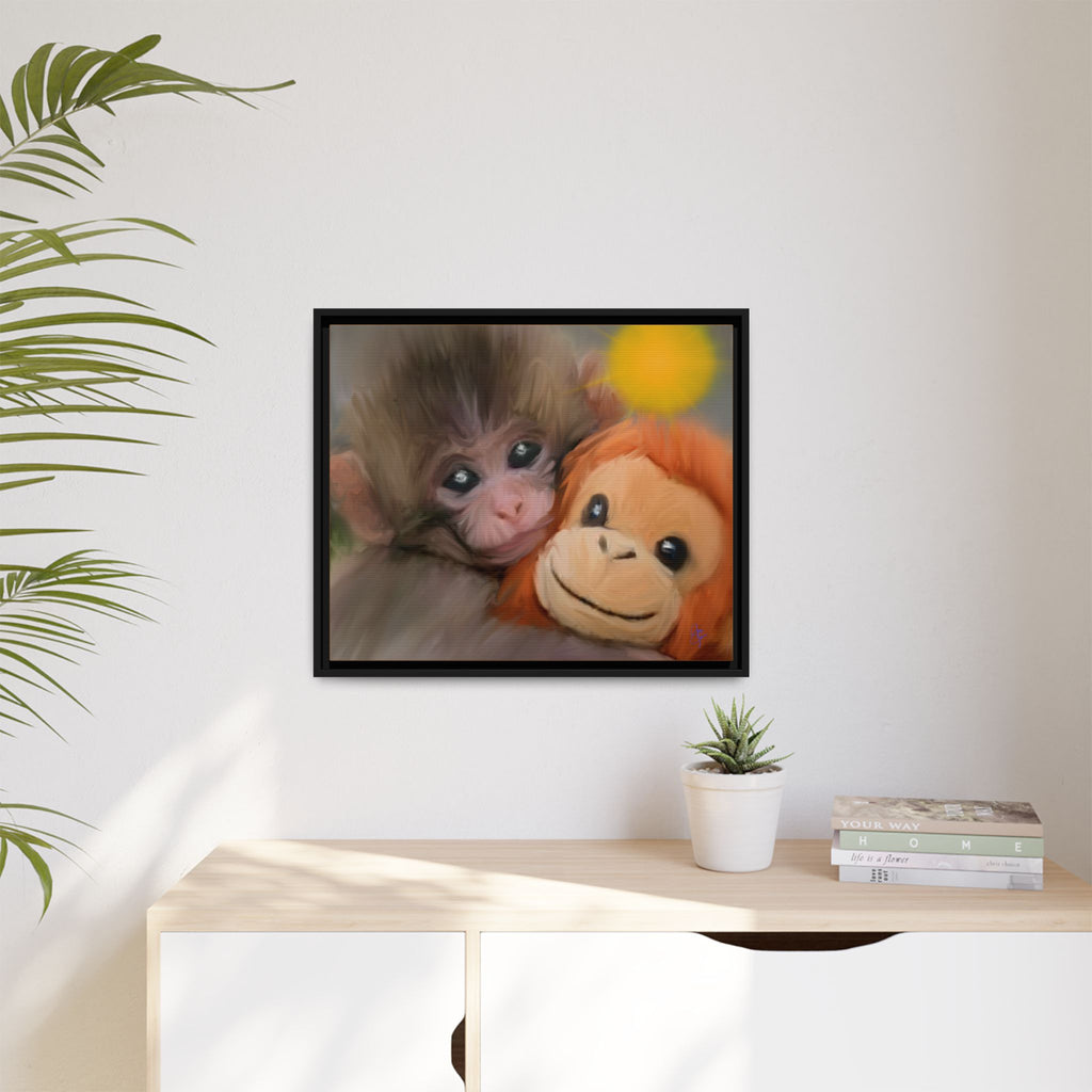 Framed Matte Canvas Print — Baby Monkey & Plush Orangutan Wall Art