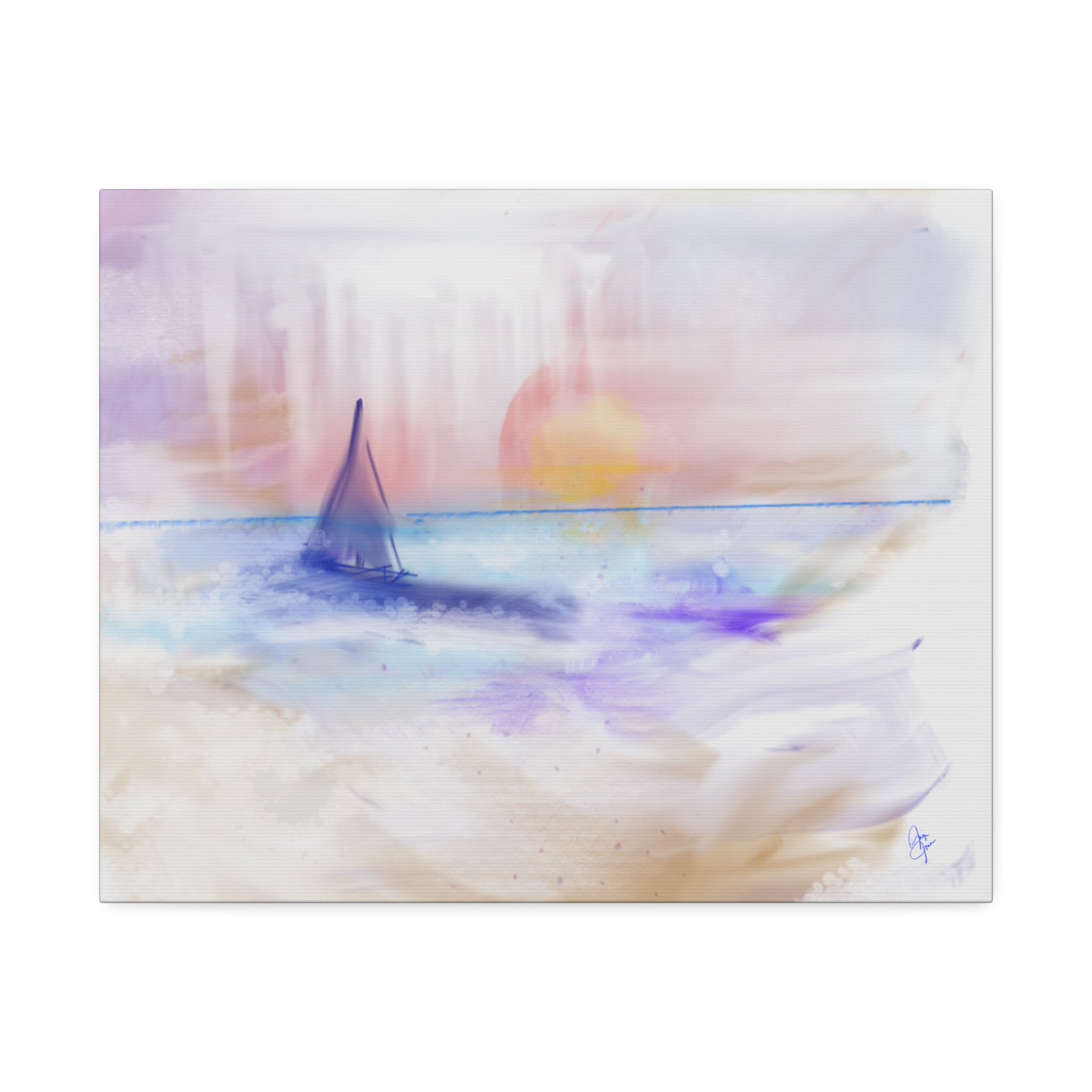 Watercolor Seascape Canvas Print — Dreamy Sailboat Sunset Wall Art