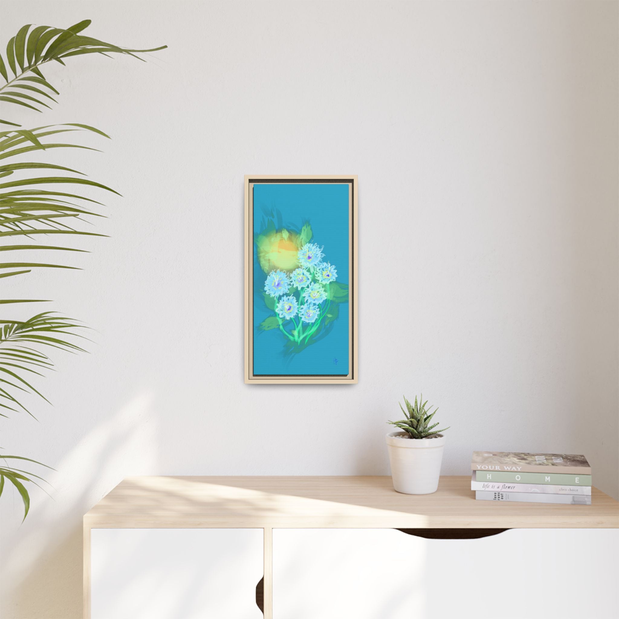 Framed Floral Canvas Art — Blue & Yellow Abstract Bouquet (Matte)