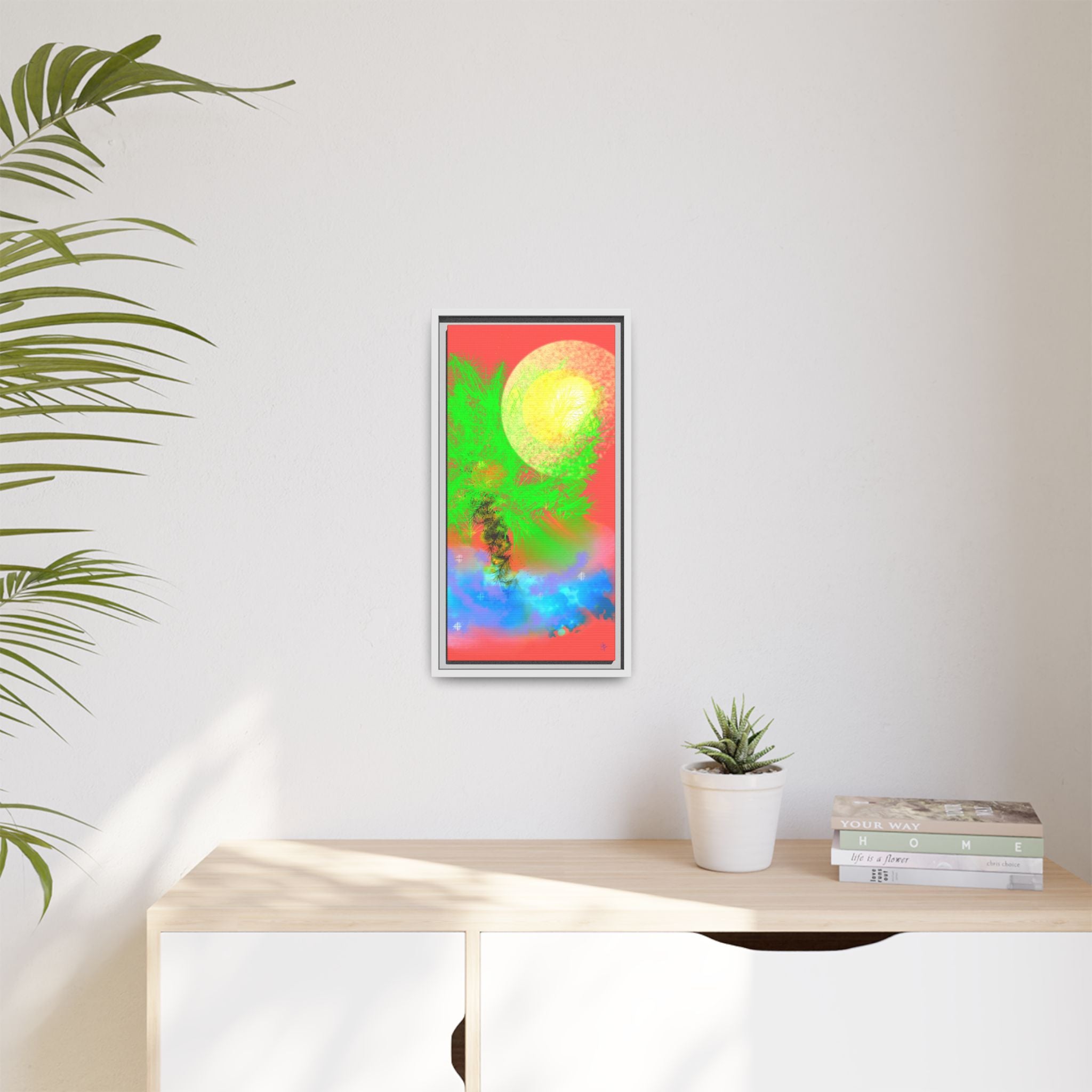Abstract Neon Tree Matte Canvas Framed Art — Vibrant Green Moon Landscape