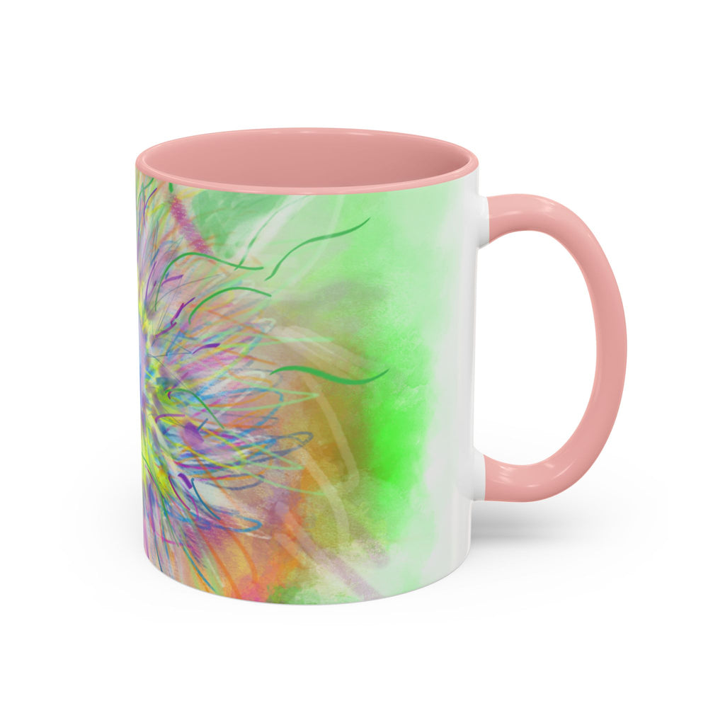 Colorful Sunflower Accent Coffee Mug — Pink Inner Artistic Floral Design (11/15 oz)