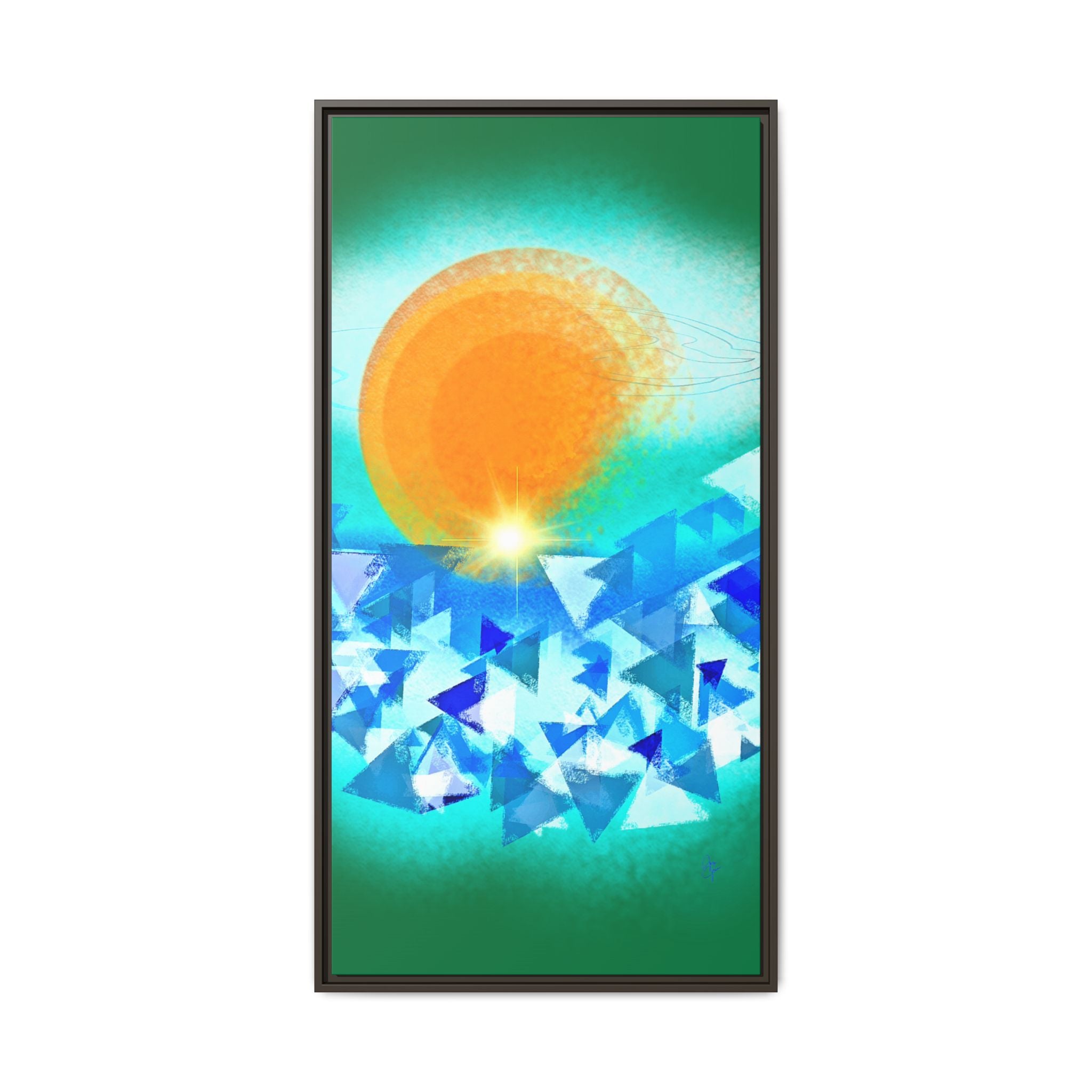 Abstract Sunrise Framed Canvas Art – Orange Sun Over Blue Geometric Waves