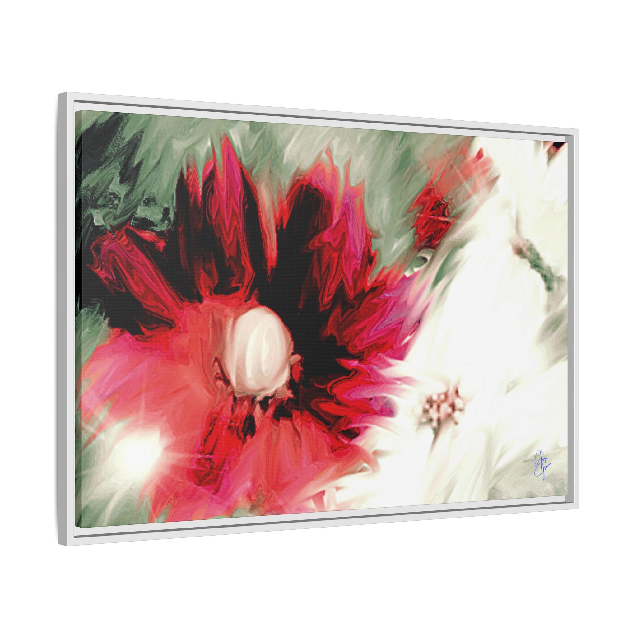 Framed Matte Canvas Print — Blurred Red & White Floral Art