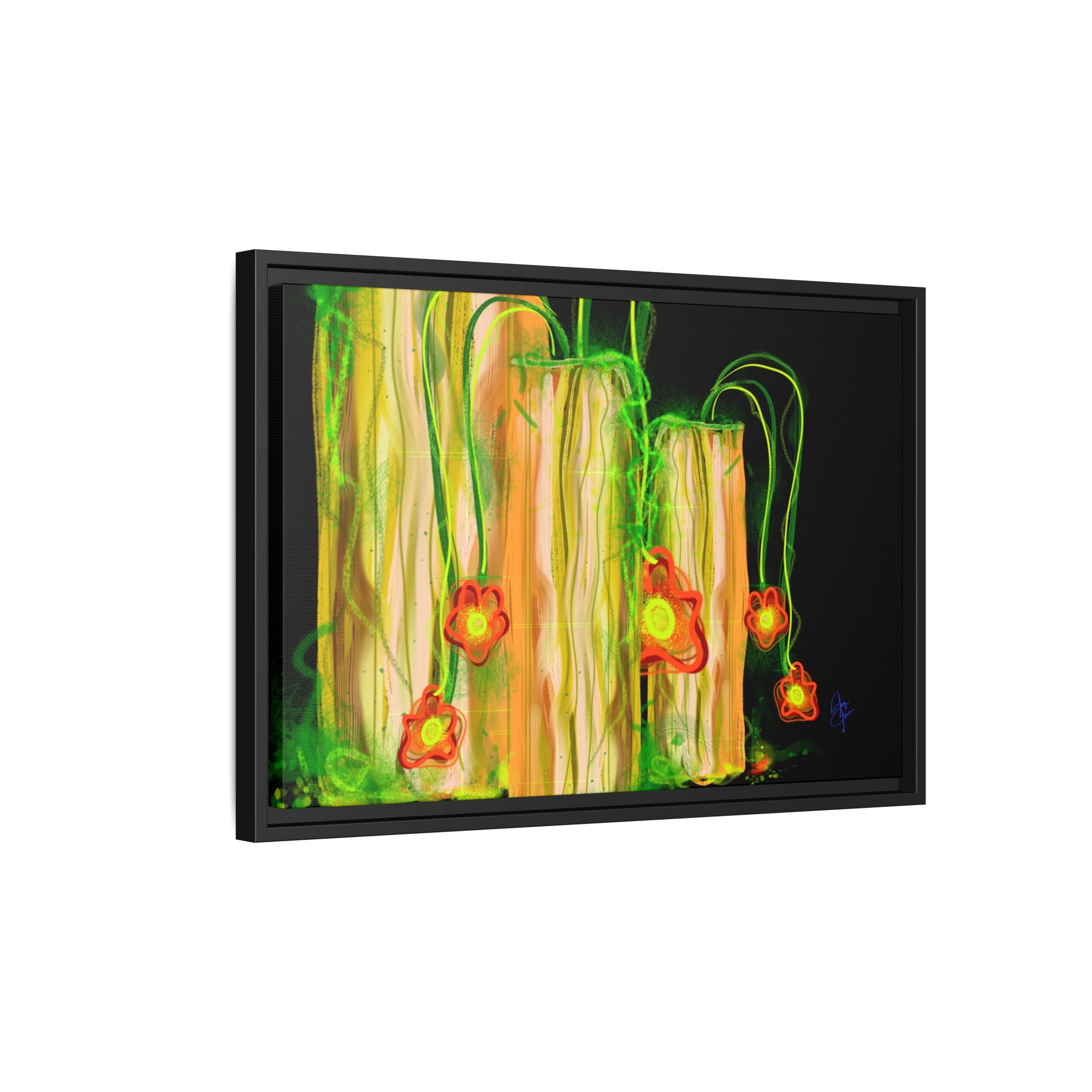 Framed Matte Canvas Print — Neon Floral Candlelight Art