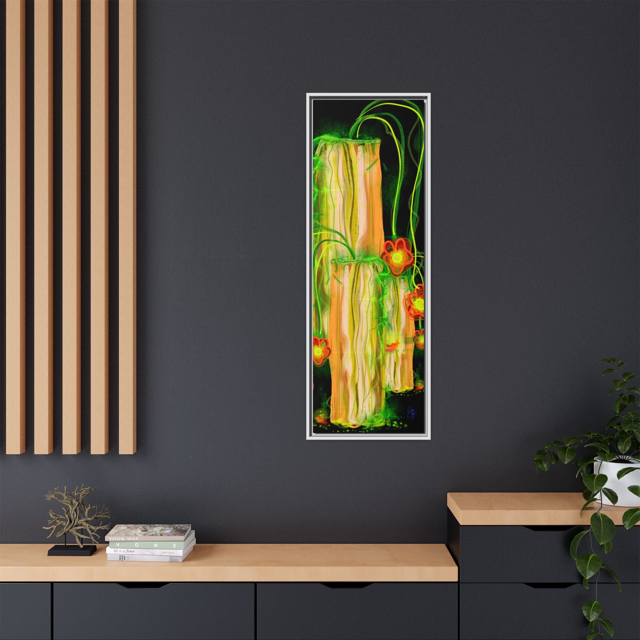 Framed Matte Canvas Print — Neon Floral Candlelight Art