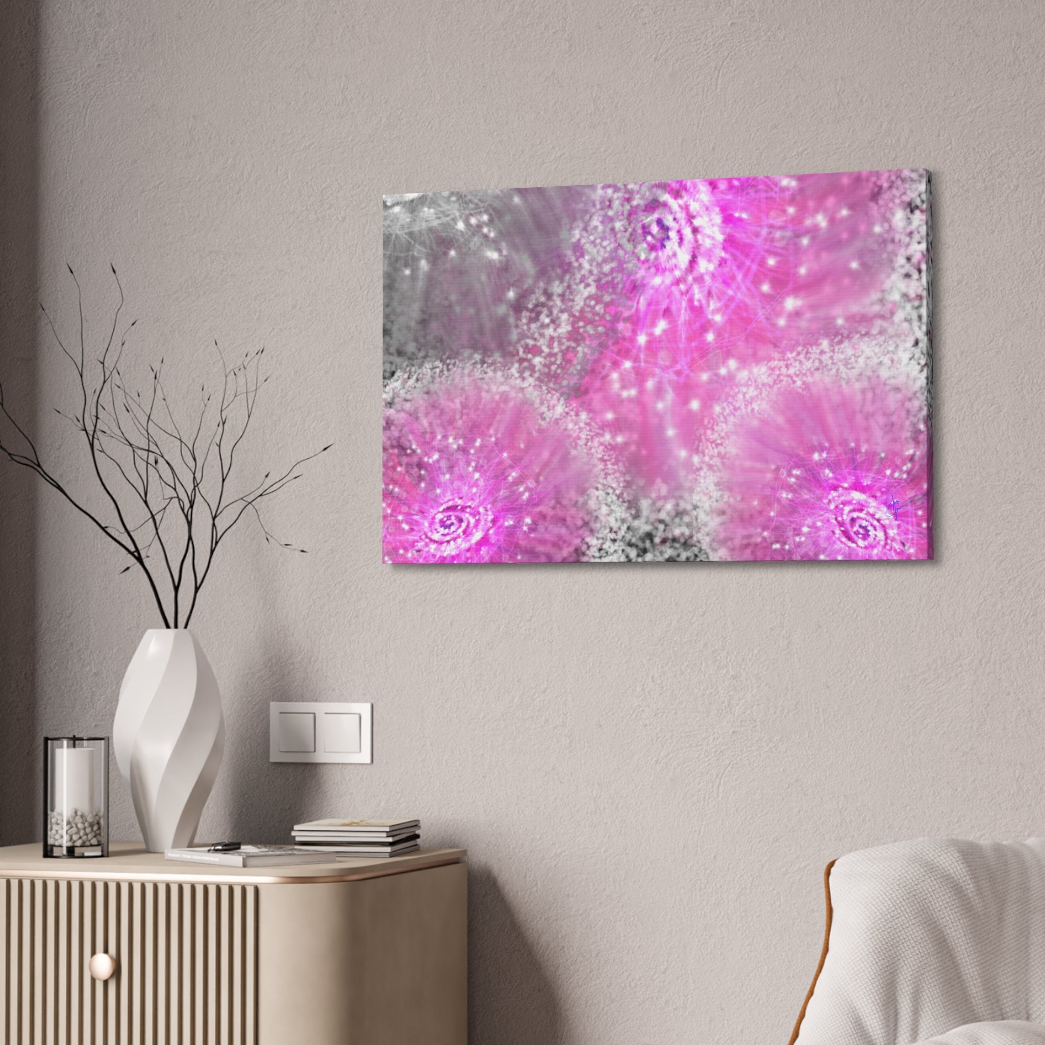Pink Sparkle Floral Canvas Print — Abstract Dandelion Wall Art (Stretched 1.5")