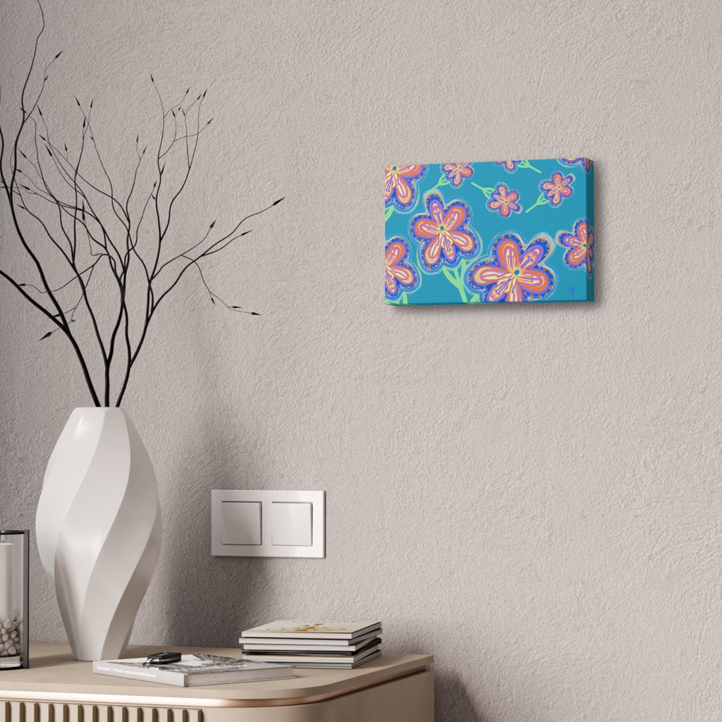 Floral Pop Canvas — Bright Blue Hand-Drawn Flowers Stretched Canvas