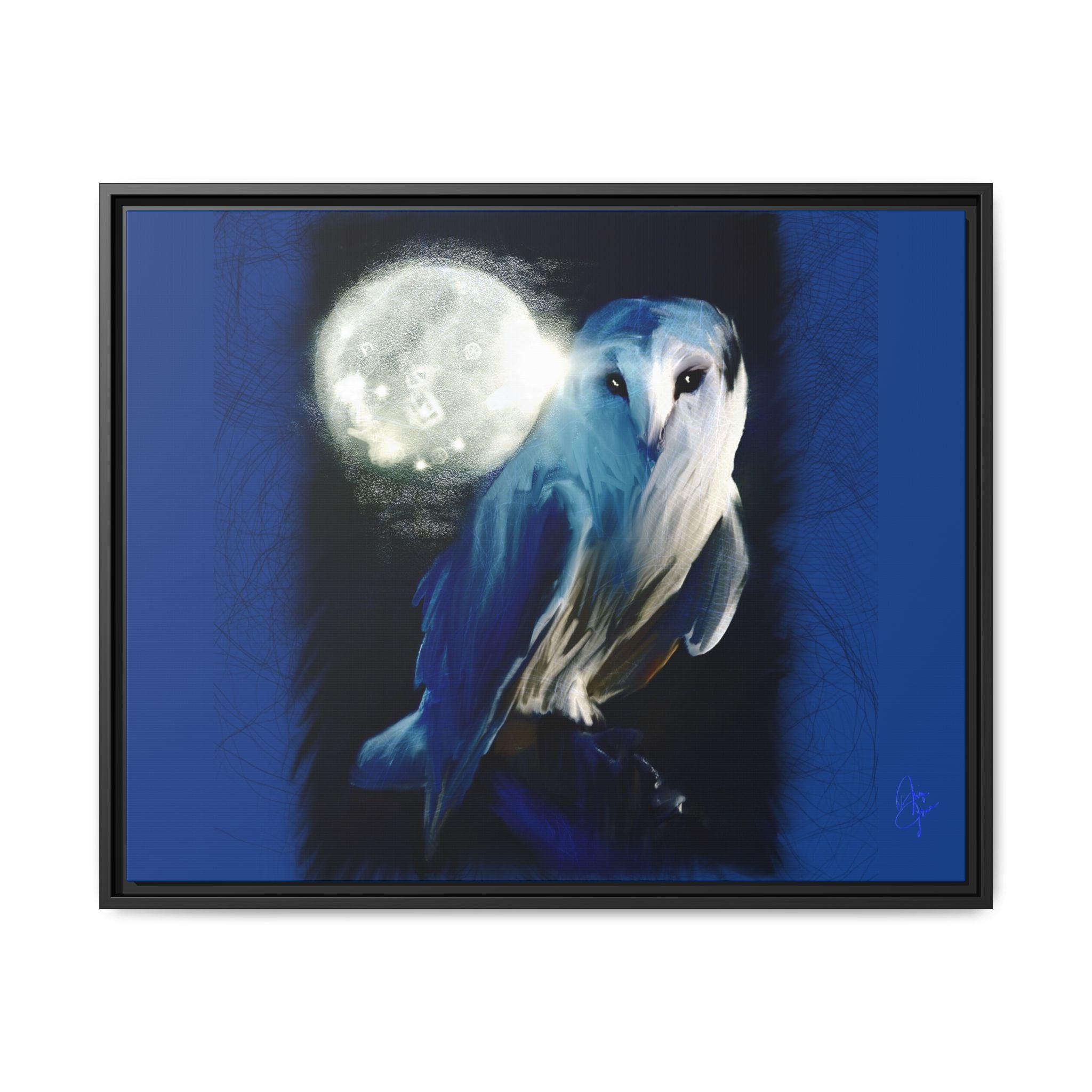 Moonlight Owl Matte Framed Canvas — Mystical Blue Owl Wall Art