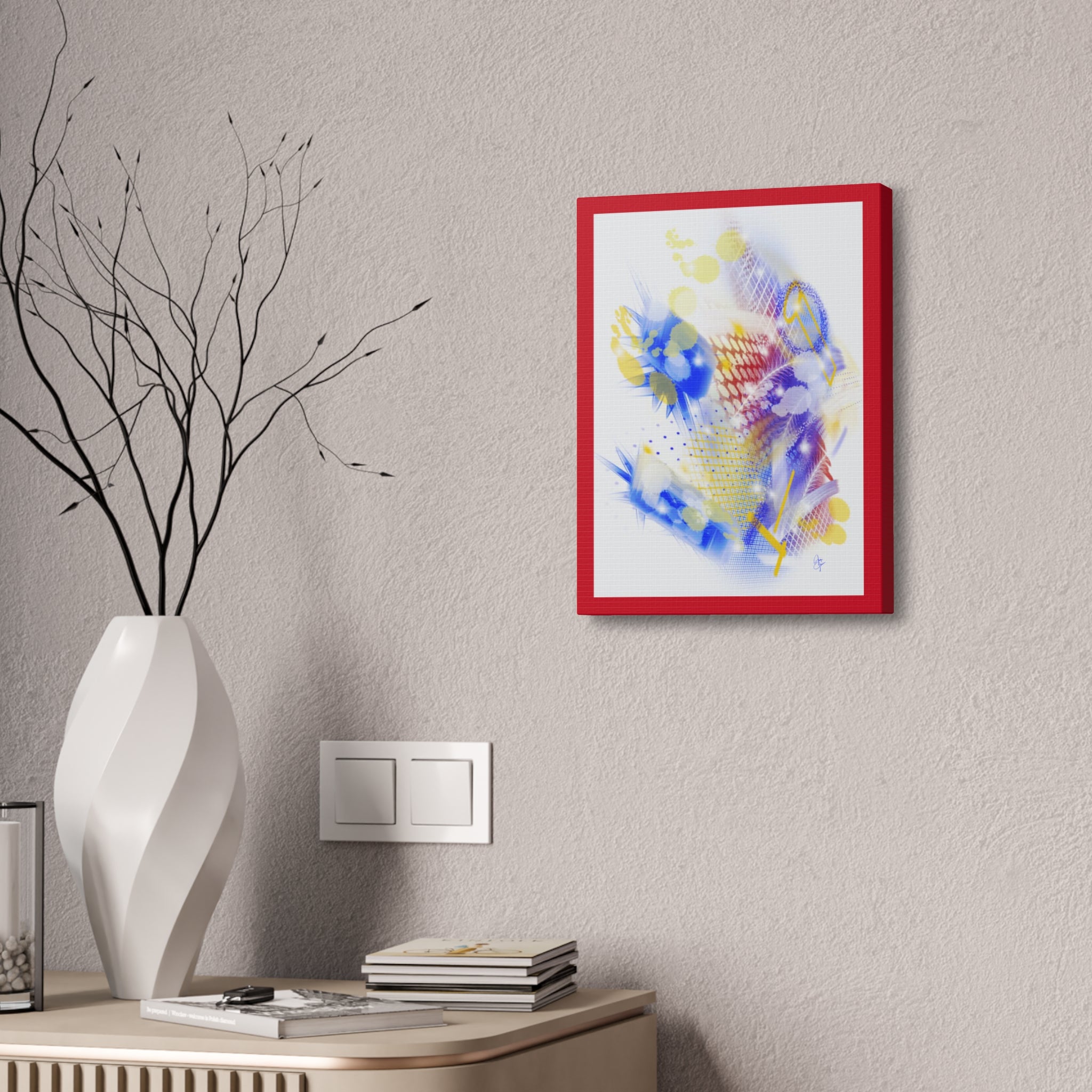 Abstract Blue & Yellow Art Canvas Print — Stretched 1.5" with Red Border