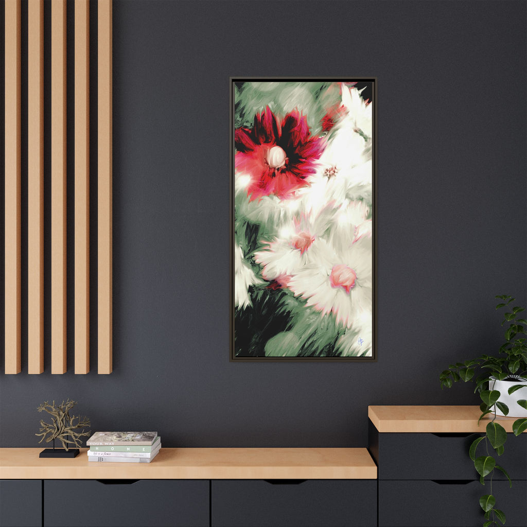 Framed Matte Canvas Print — Blurred Red & White Floral Art