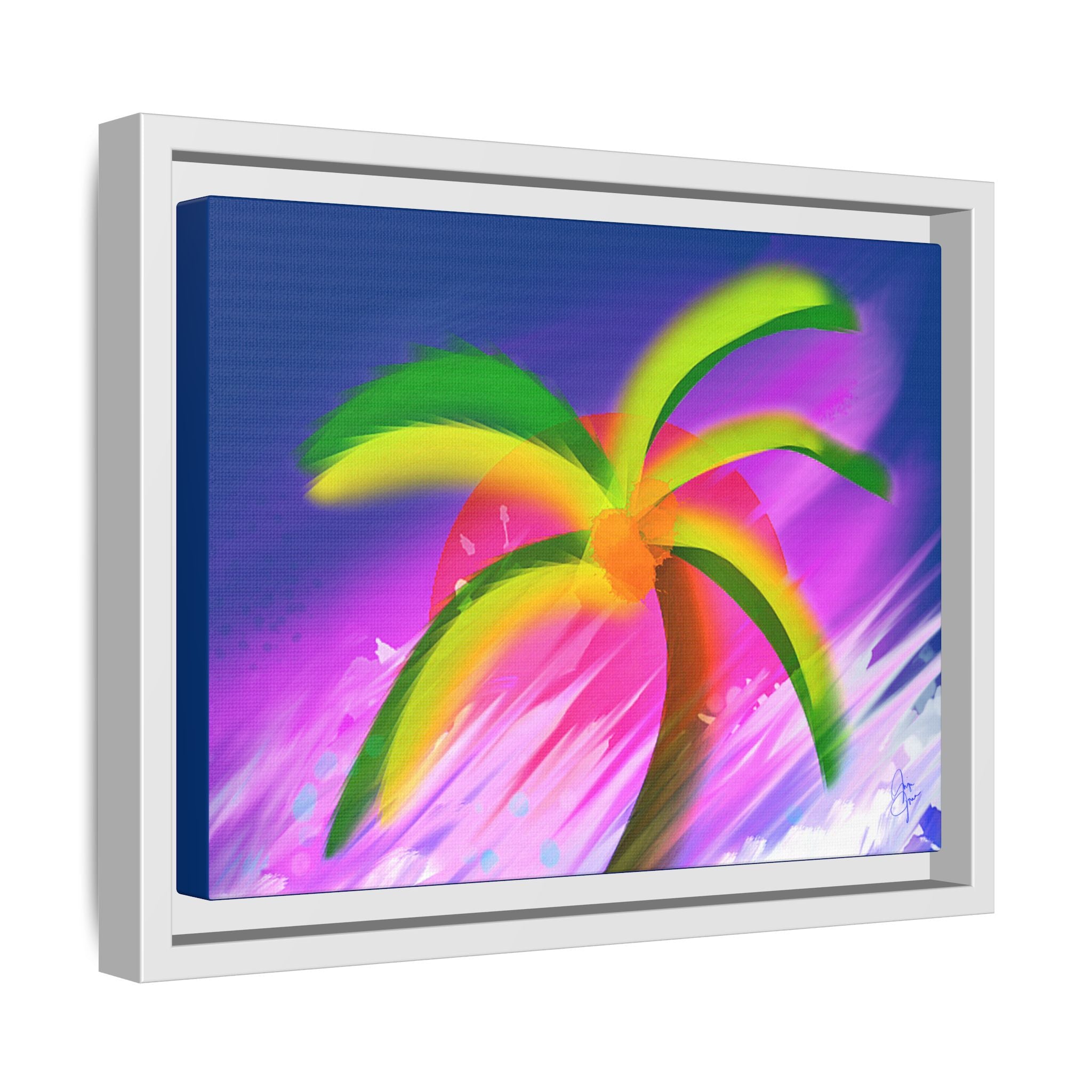 Framed Matte Canvas Print — Neon Palm Beach Art