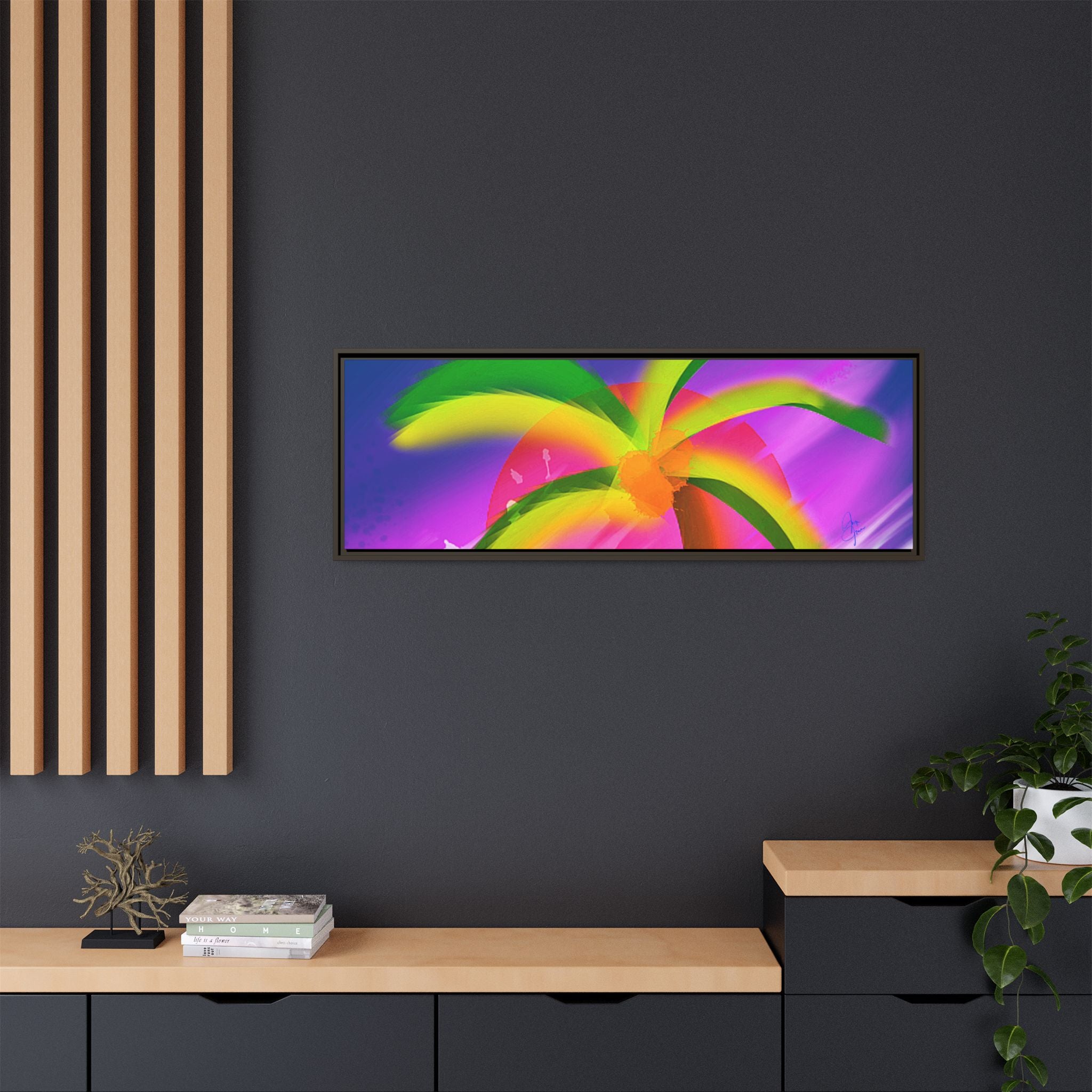 Framed Matte Canvas Print — Neon Palm Beach Art