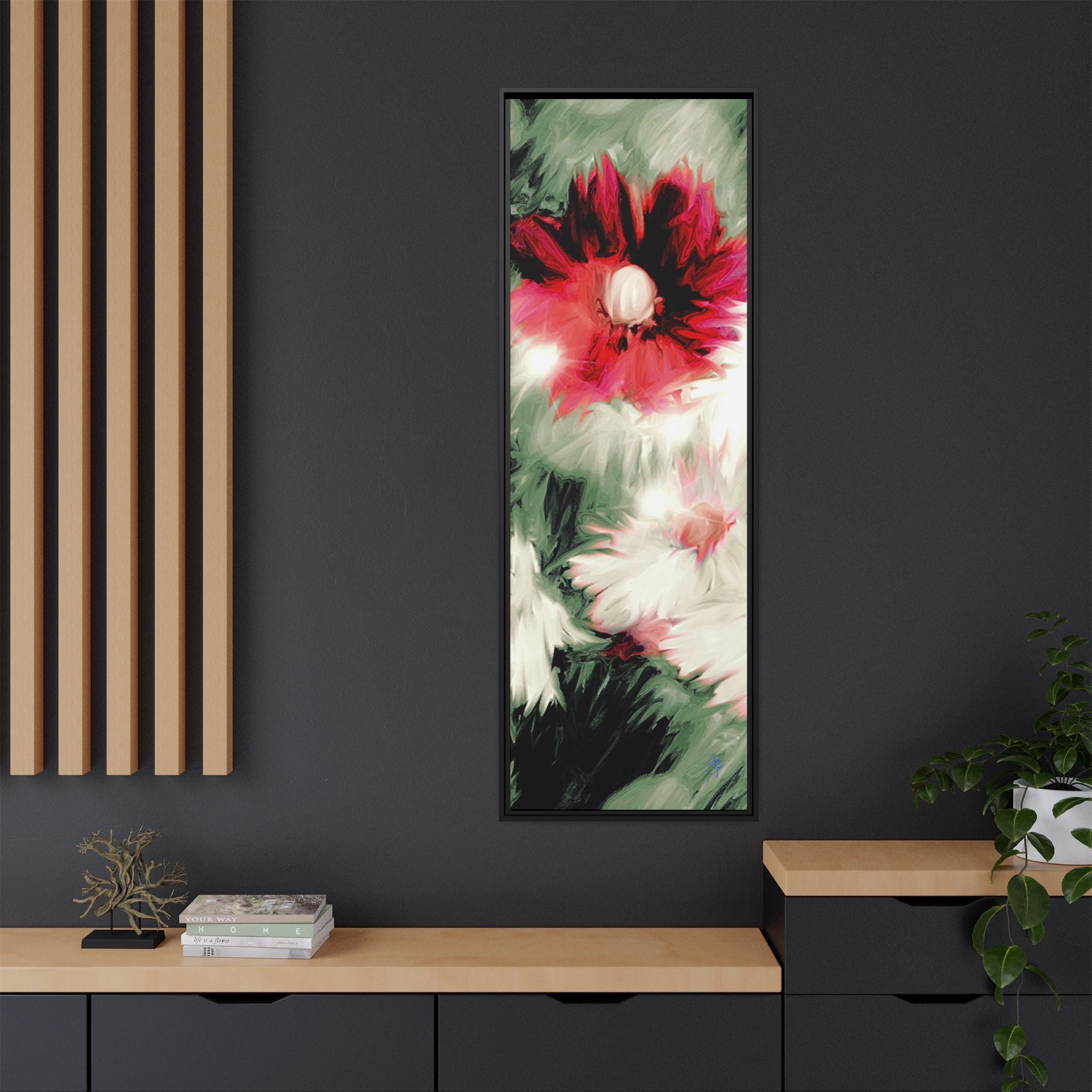 Framed Matte Canvas Print — Blurred Red & White Floral Art