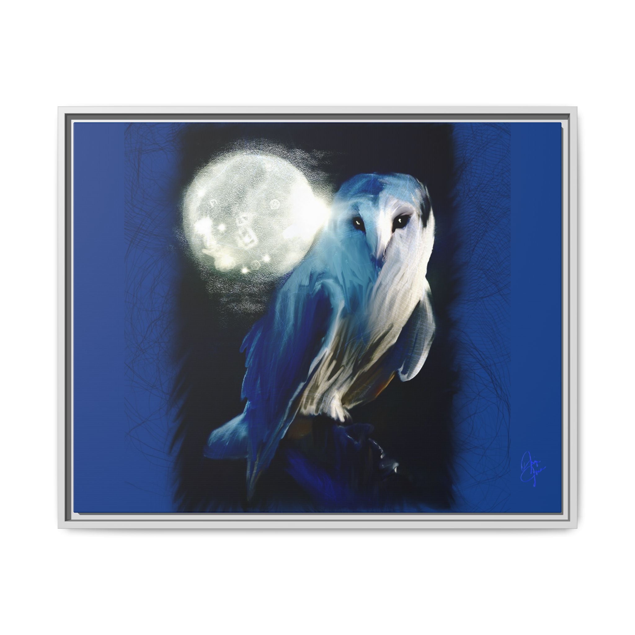 Moonlight Owl Matte Framed Canvas — Mystical Blue Owl Wall Art