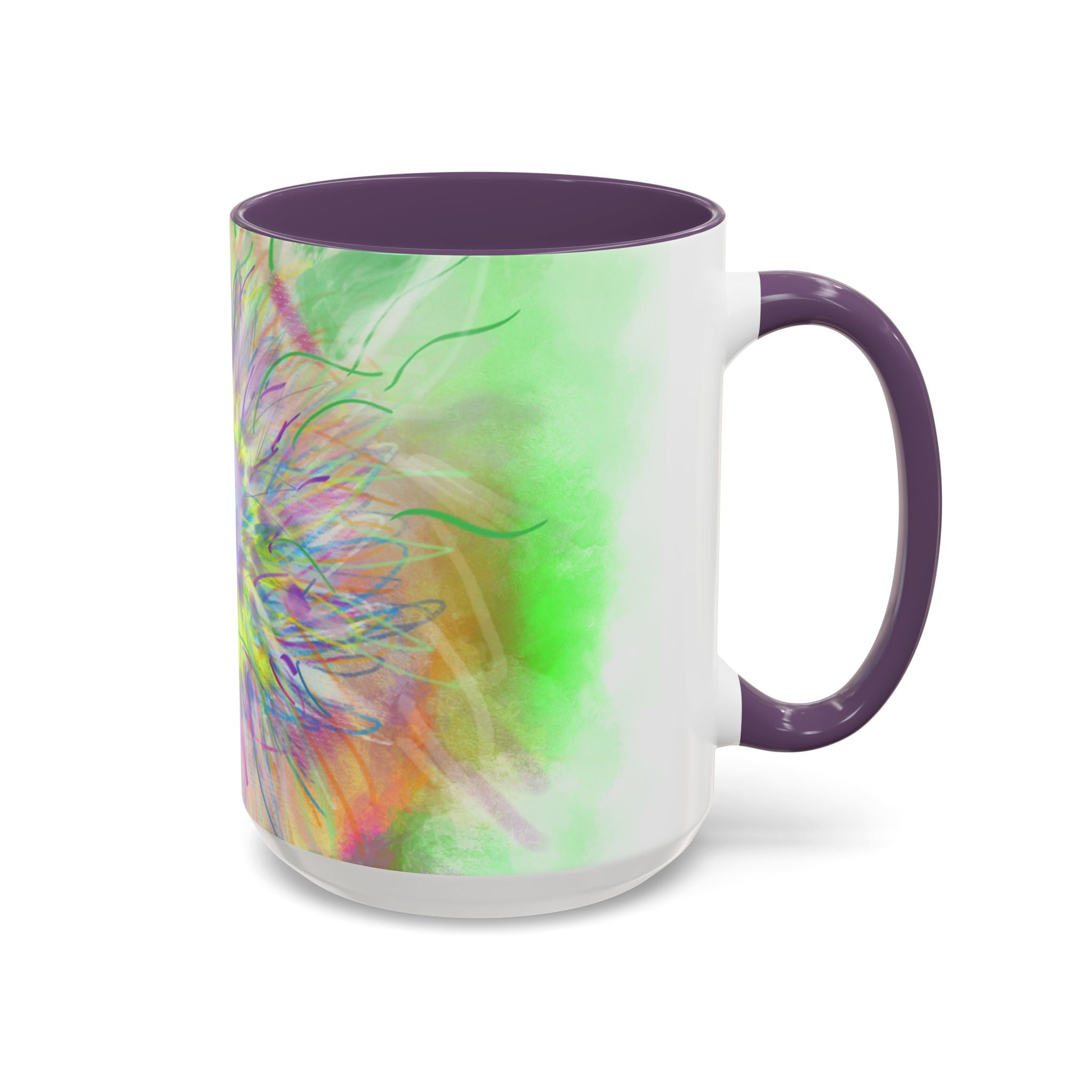 Colorful Sunflower Accent Coffee Mug — Pink Inner Artistic Floral Design (11/15 oz)