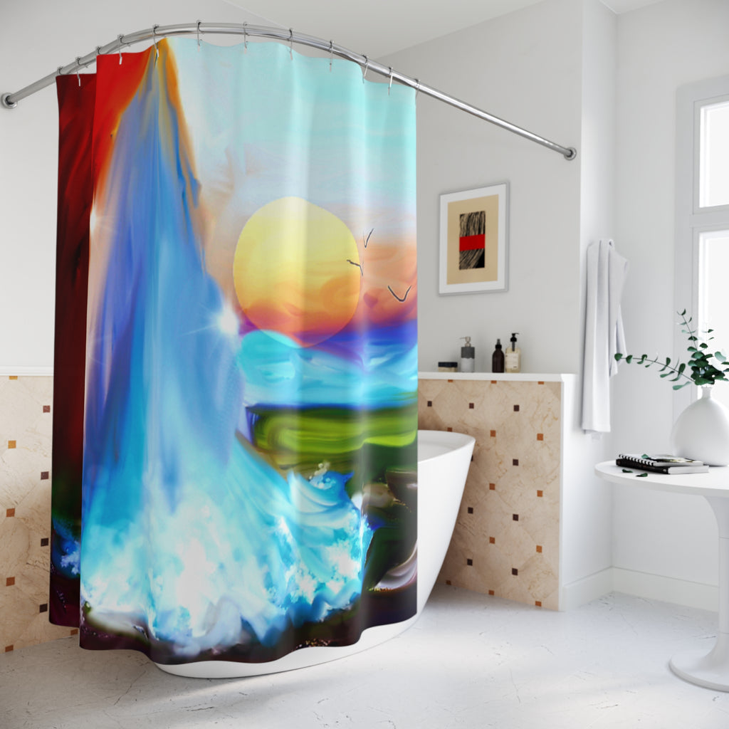 Sunset Waterfall Shower Curtain – Abstract Beachscape Bathroom Decor